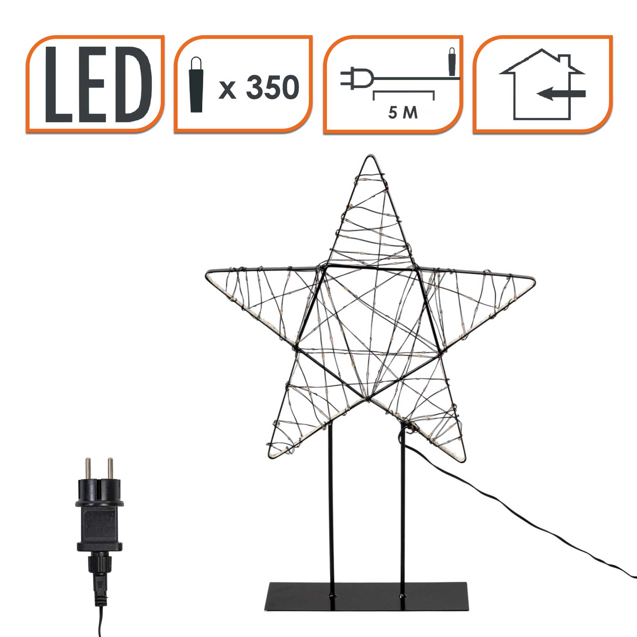 LED Metall Stern schwarz auf Fuß mit Twinkle Effekt für Innen - 50 x 35 cm - Leuchtstern mit 350 funkelnden LEDs in warm weiß