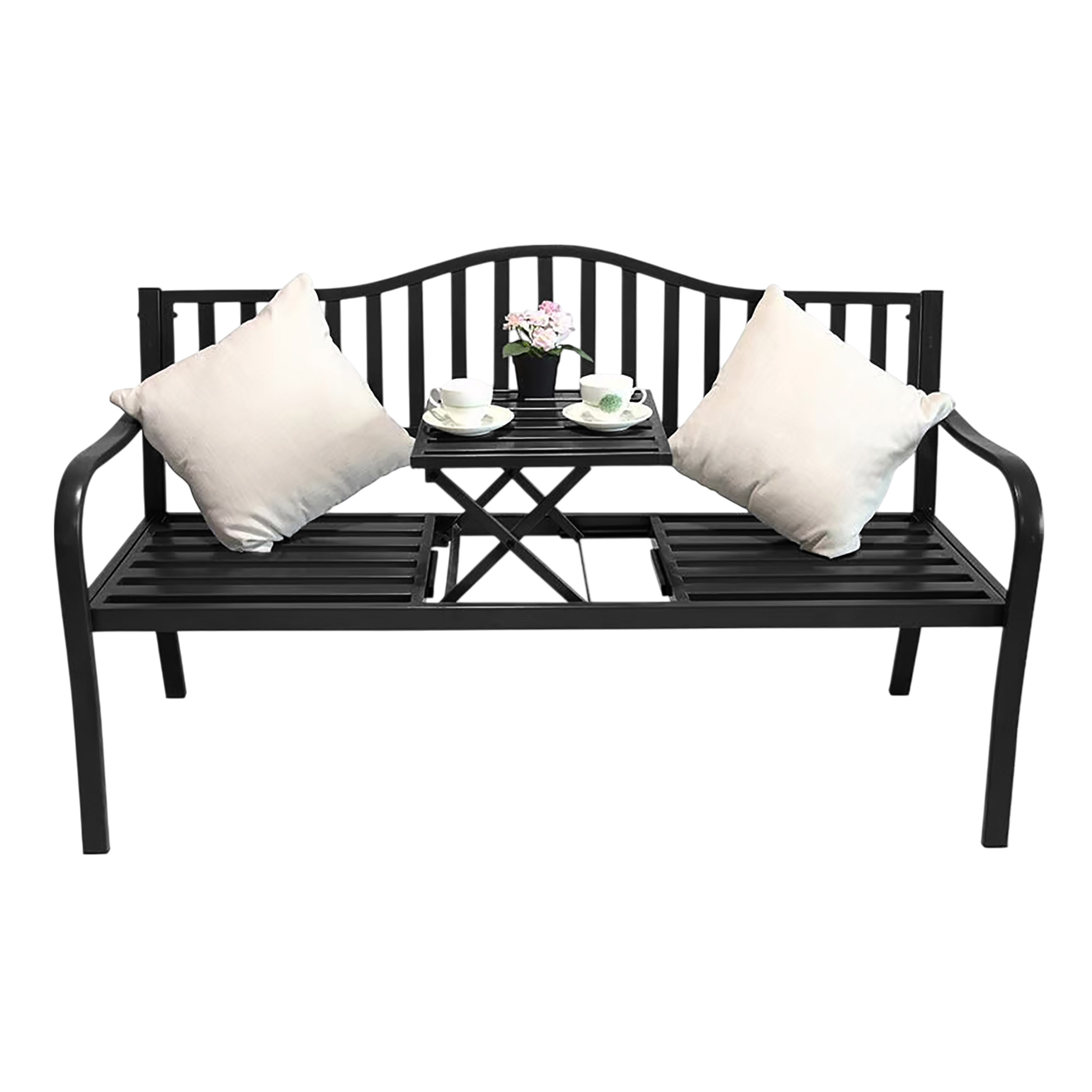 Metall Gartenbank mit integriertem Tisch - 150 cm / 3-Sitzer - Sitzbank 2in1 schwarz pulverbeschichtet