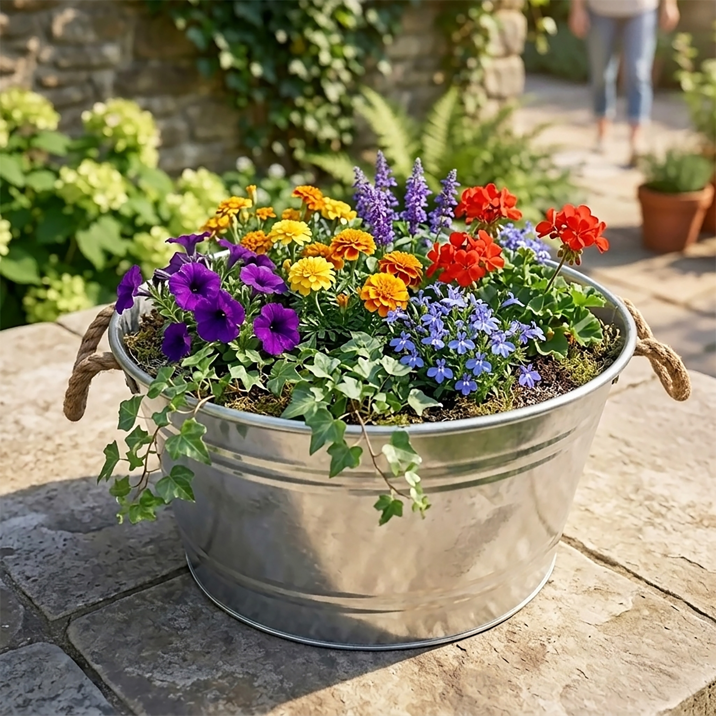 Zinkwanne 25 L mit Griffen aus Jutekordel - 45 x 22 cm - Metall Blumenschale rund silber verzinkt