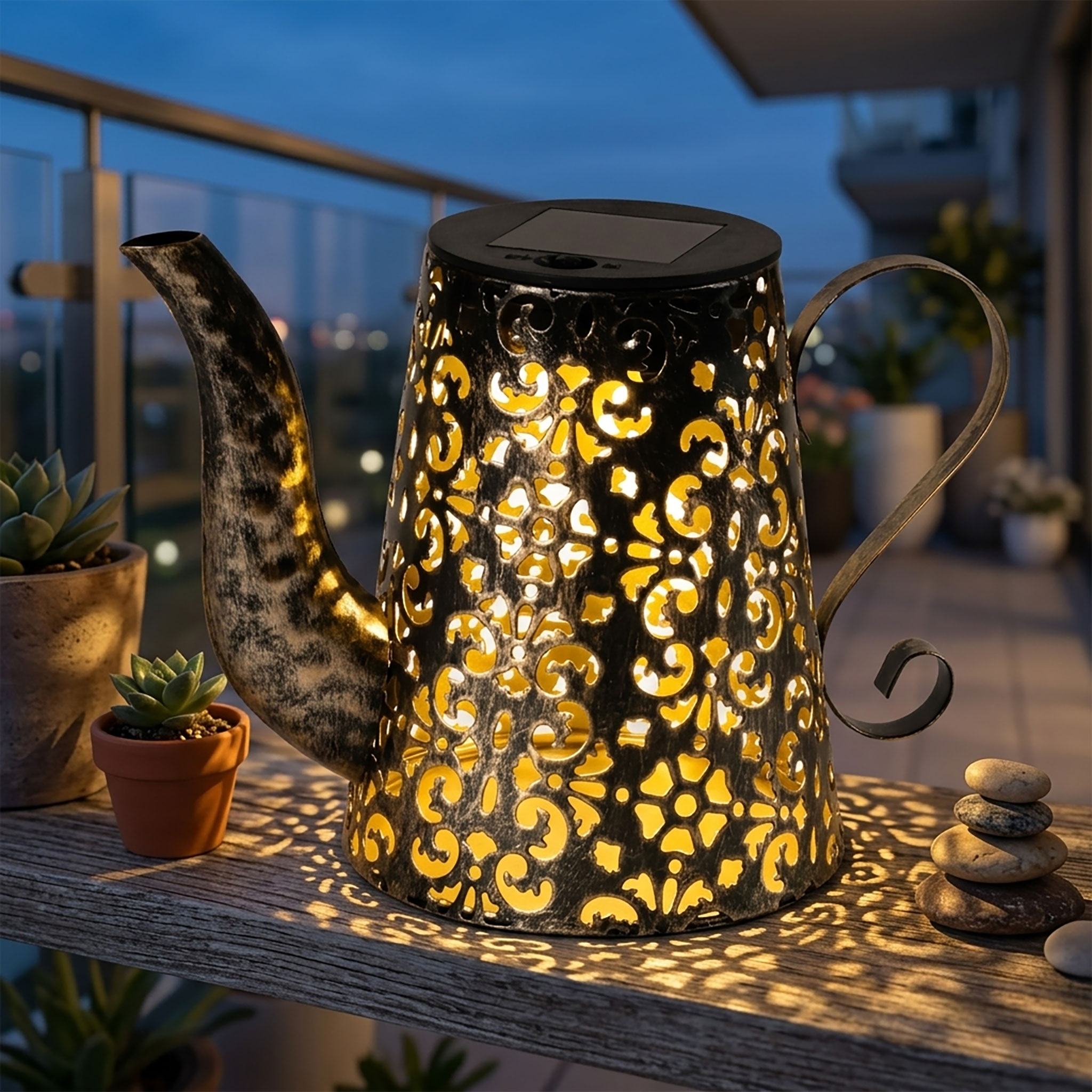 LED Solar Leuchte Metall Gießkanne - 19 x 14 cm - Vintage Deko Garten Lampe Rost Optik