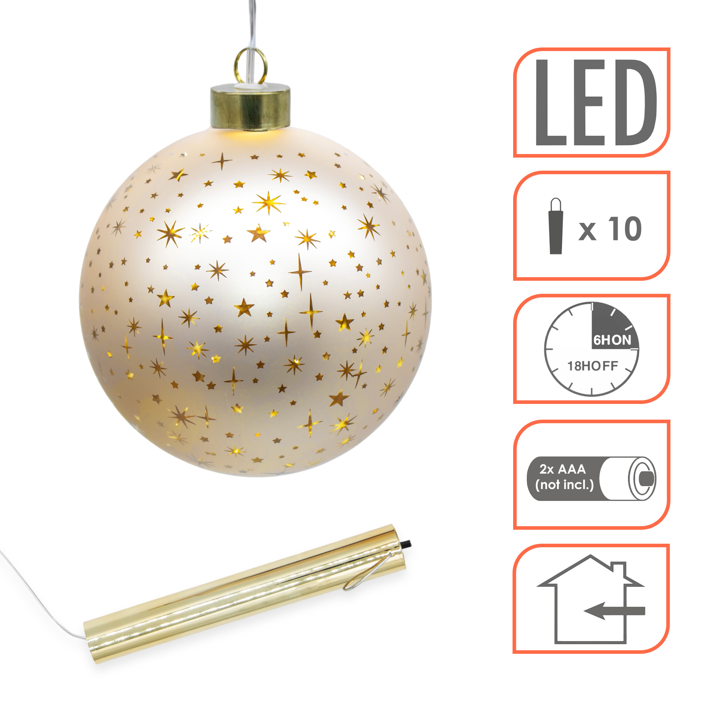 LED Glas Weihnachtskugel champagner zum Hängen mit Timer - 19 cm - Dekokugel mit Sterne Motiv soft gold beleuchtet batteriebetrieben