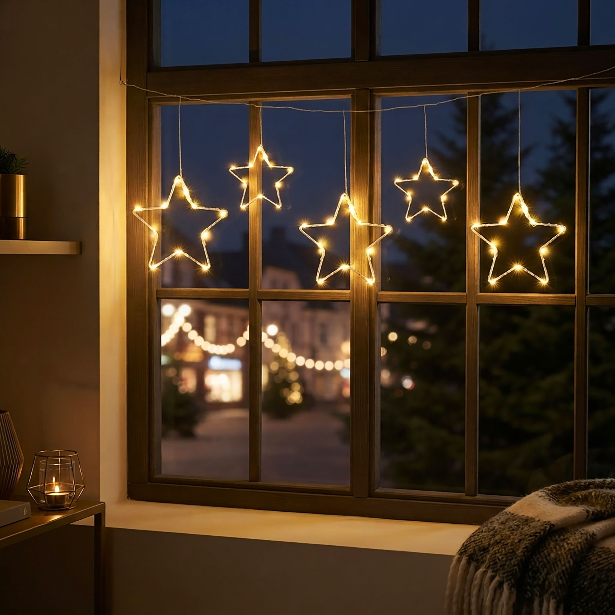 LED Lichtervorhang mit 5 Metall Sternen warm weiß - 120 x 30 cm - Weihnachts Lichterkette mit Timer Funktion