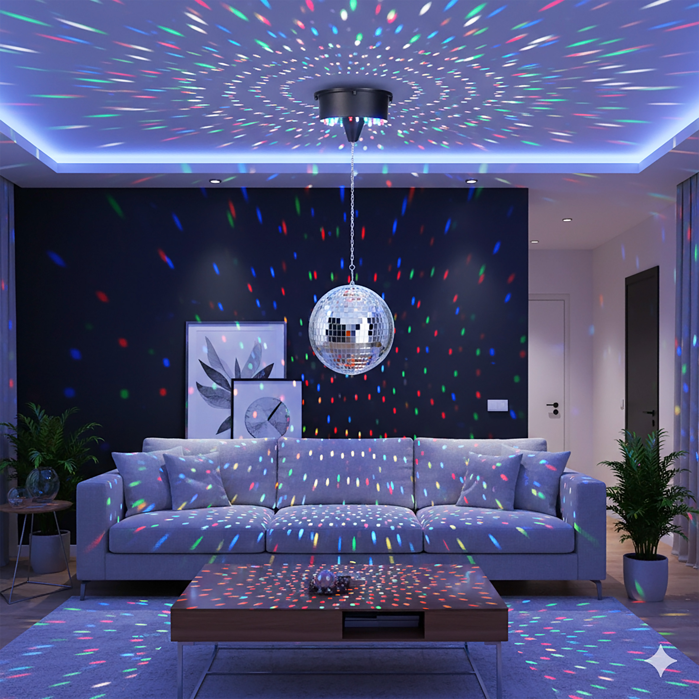 Discokugel mit Drehmotor batteriebetrieben und LED Beleuchtung in bunt - 15 cm - Spiegelkugel drehend mit Echtglas Facetten in silber