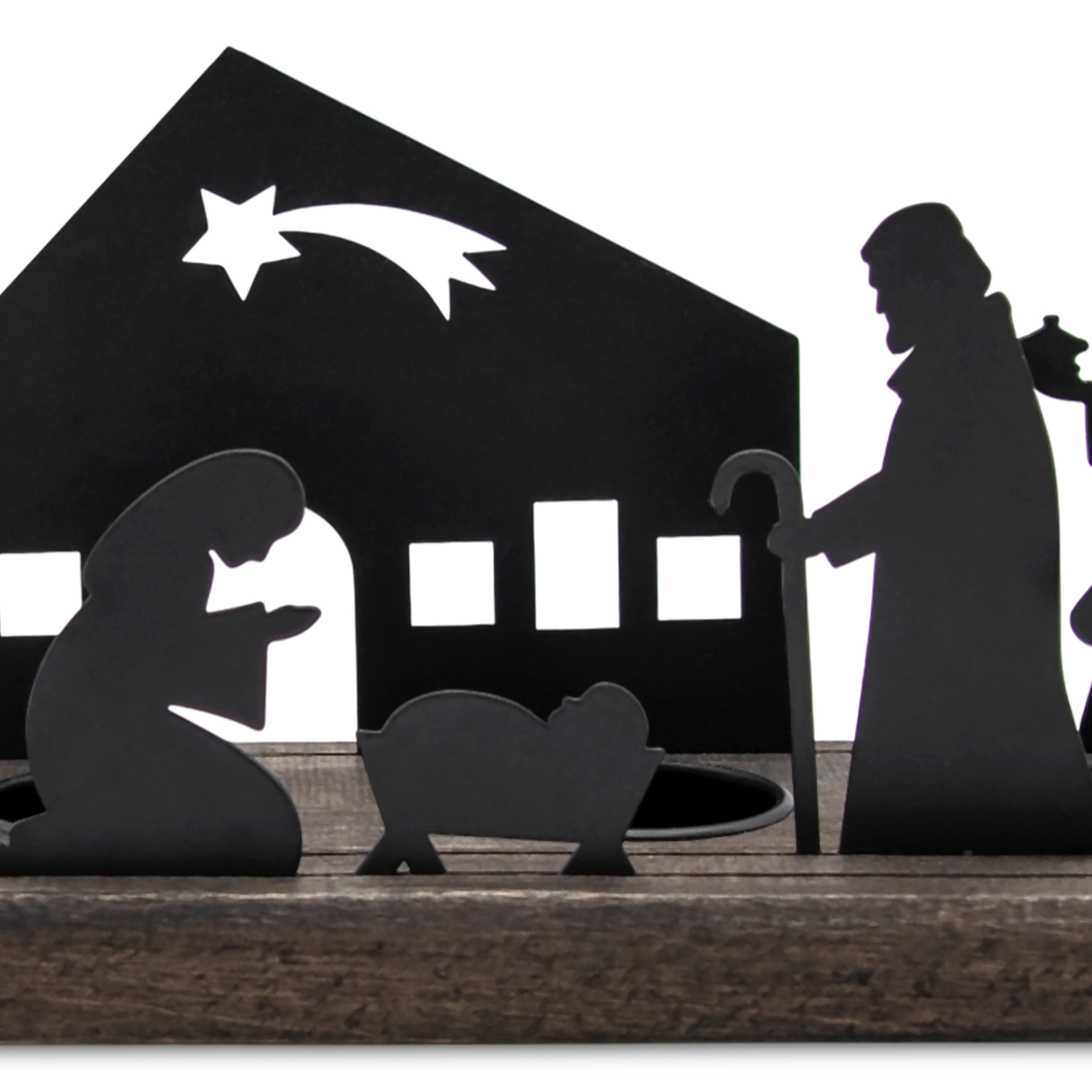 Teelichthalter Krippen Figuren schwarz - 32 x 9 cm - Weihnachtsdorf Silhouette mit Haltern für 4 Teelichter