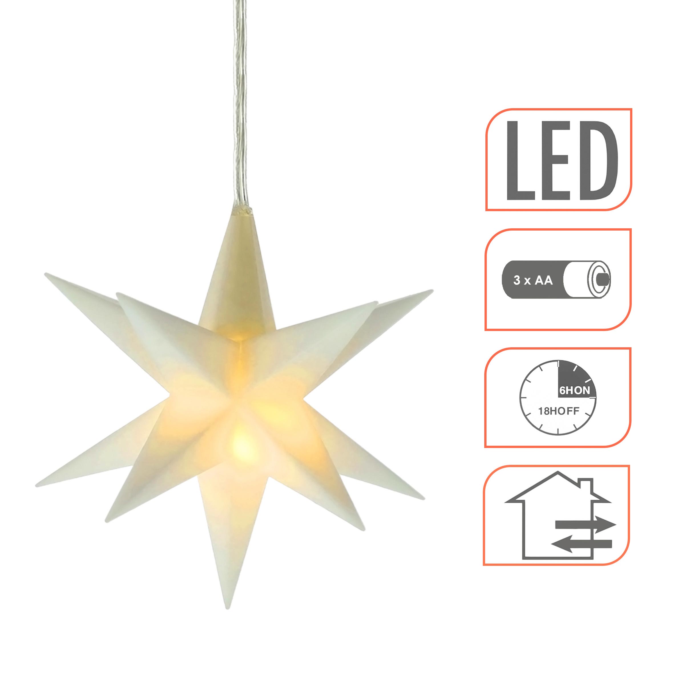 3D Weihnachtsstern 12 cm warm weiß Beleuchtet - weiß oder rot / 1 oder 3 Stück - LED Fenster Deko Leuchtstern mit Timer Batterie betrieben