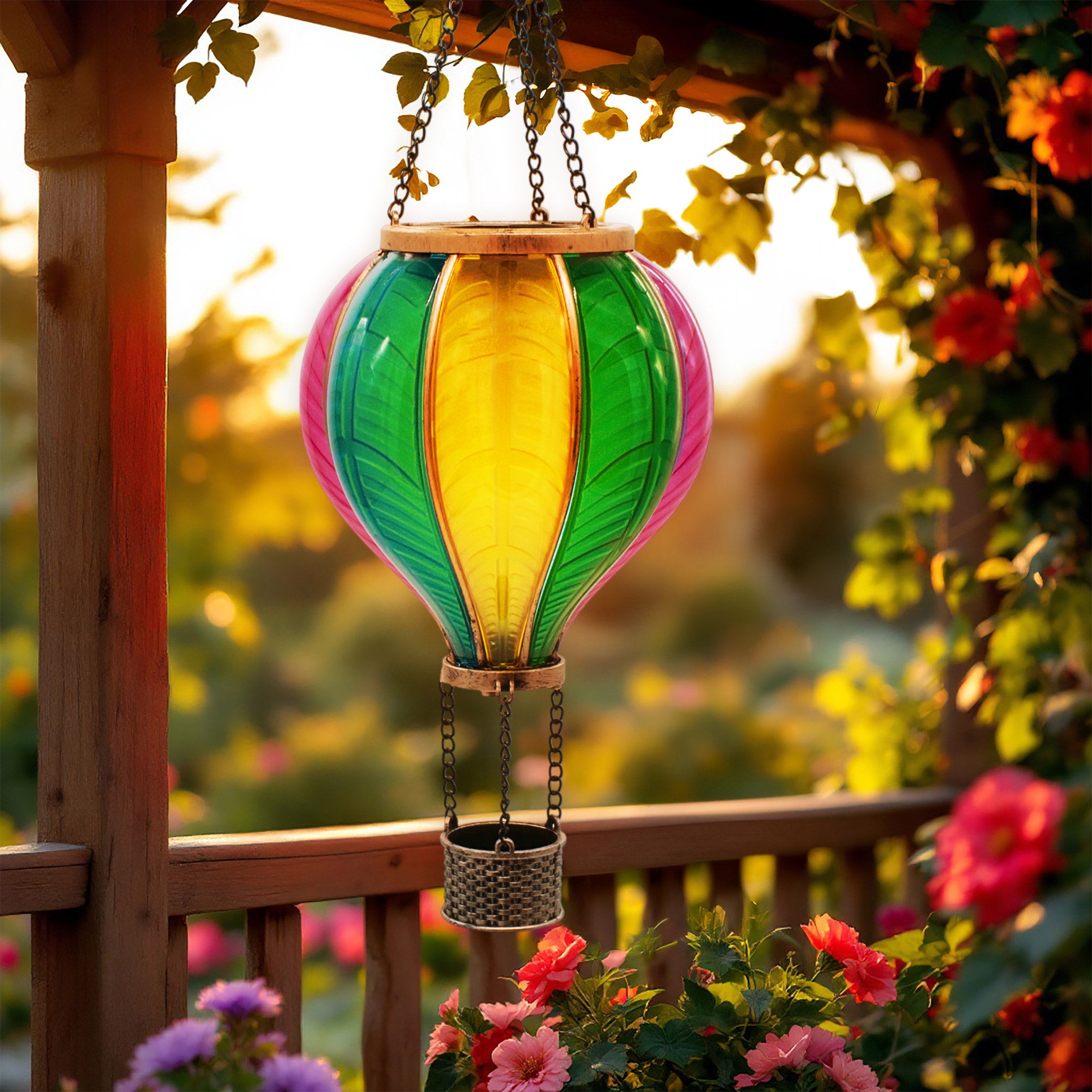 Solar LED Heißluftballon bunt zum Hängen - 45 cm - Garten Lichtspiel mit Flammen Effekt warm weiß