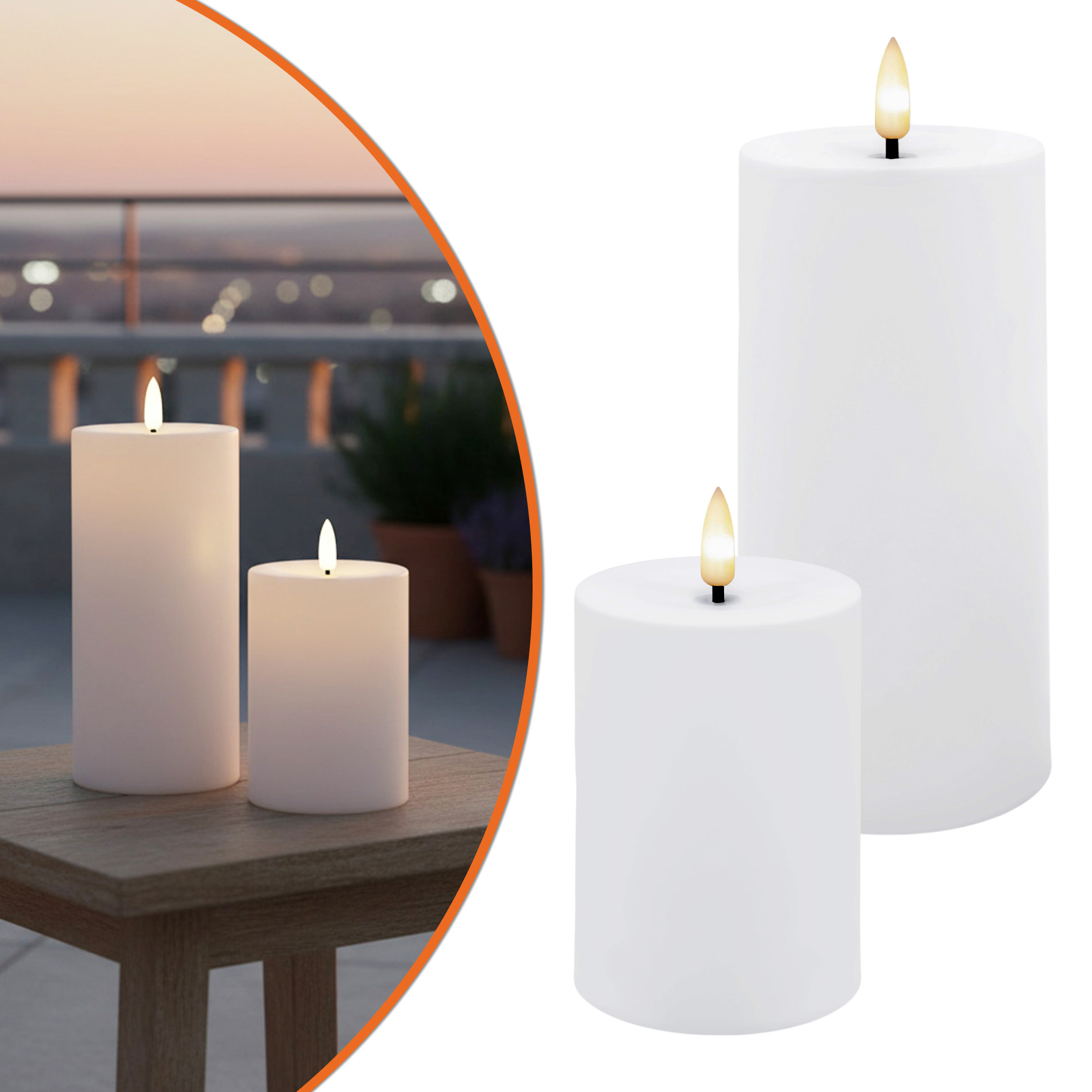 Solar Stumpenkerzen mit Flammen Effekt 2er Set - 10 + 15 cm - Künstliche LED Kerze warm weiß solarbetrieben für Außen