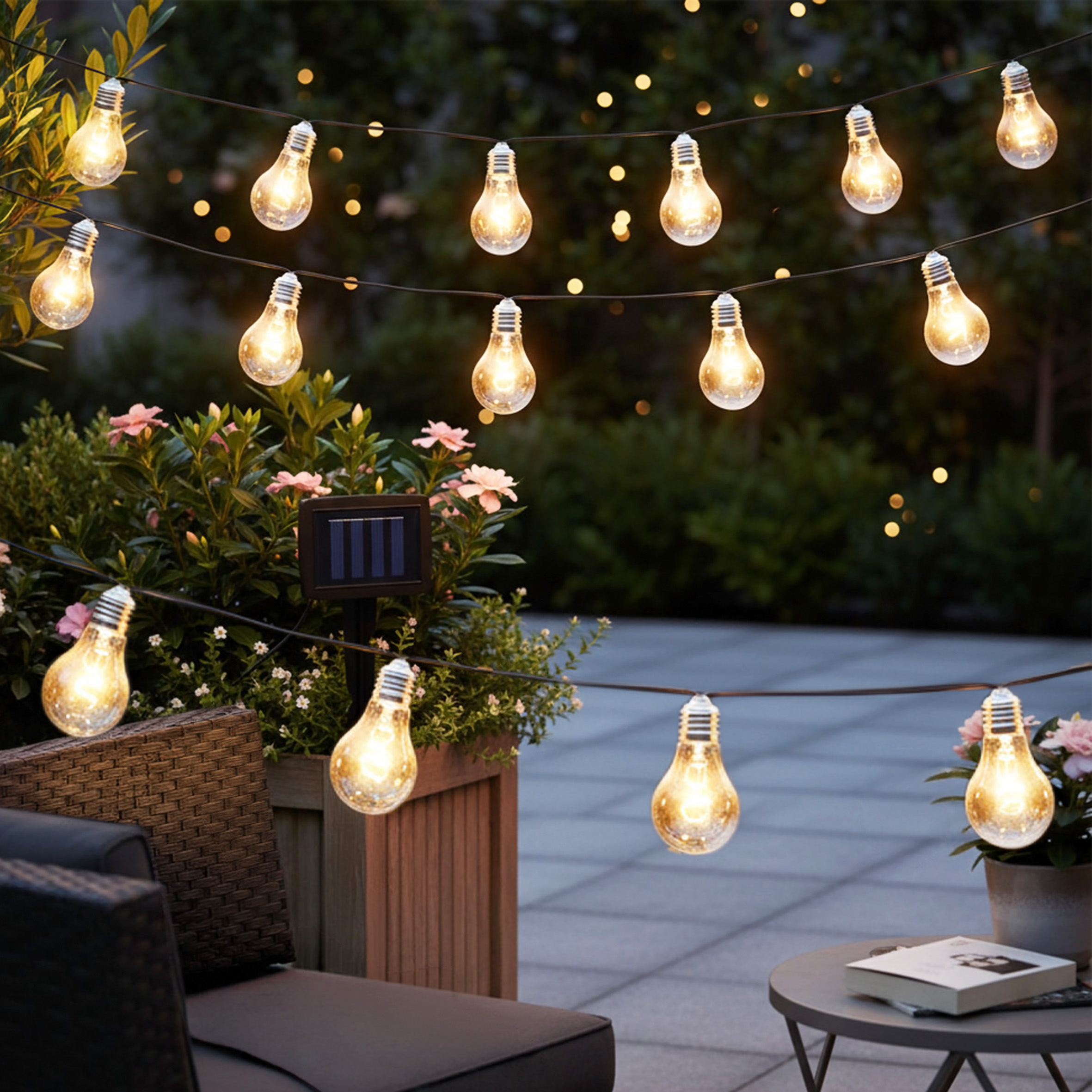 LED Solar Lichterkette mit 10 Glühbirnen auf 450 cm mit 2 Leuchtmodi - warm weiß - Garten Deko Beleuchtung mit transparenten Lampen