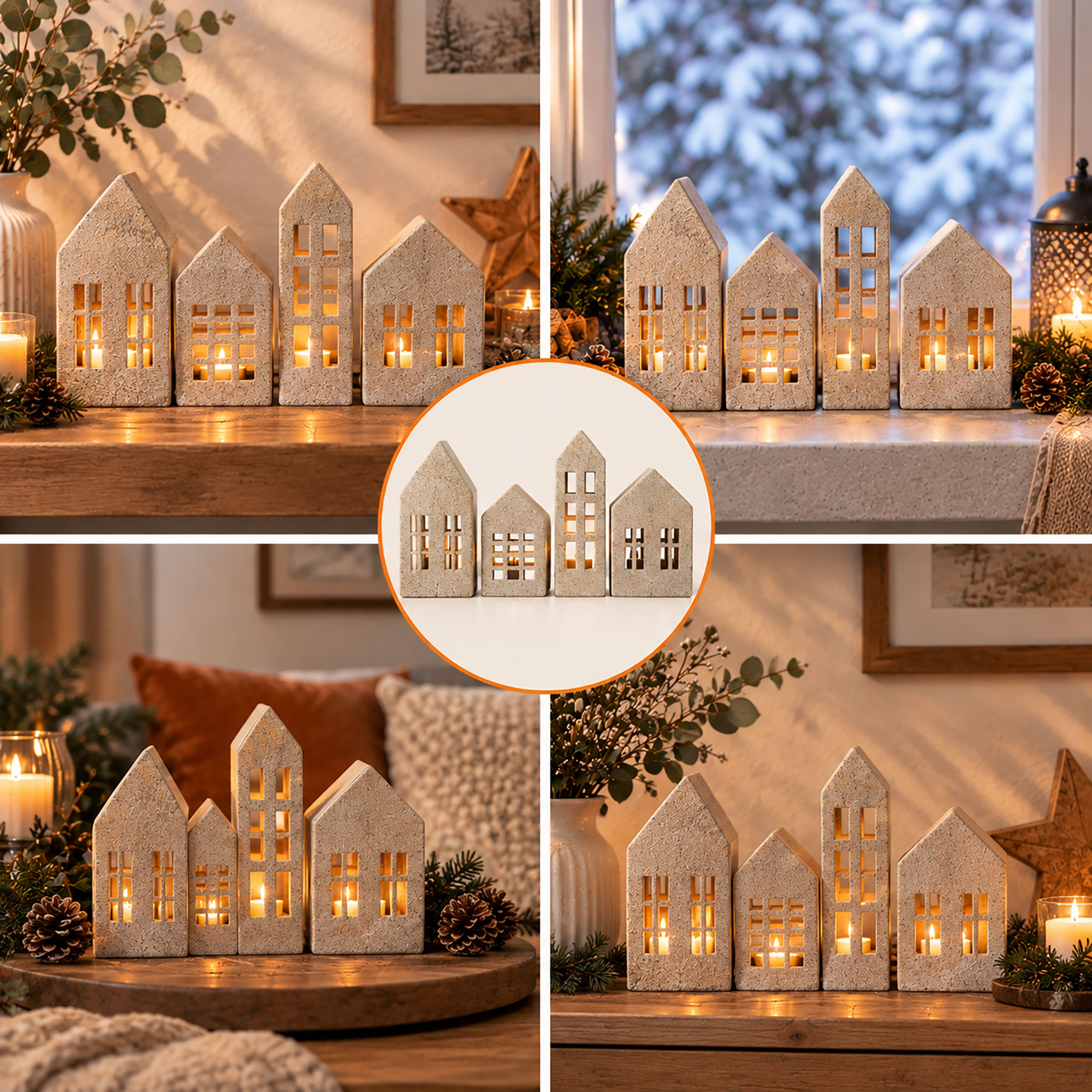 Metall Haus creme in Sandstein Optik 4er Set - 2x 15 cm | 2x 20 cm - Weihnachtsdorf Teelichthalter mit Sand Patina
