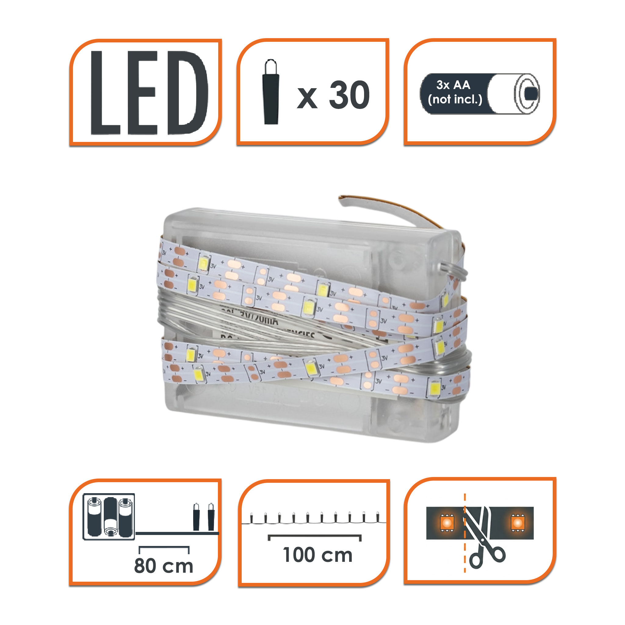 LED Stripe 1 Meter - 30 LED mit Batteriefach - Farbe: wählbar