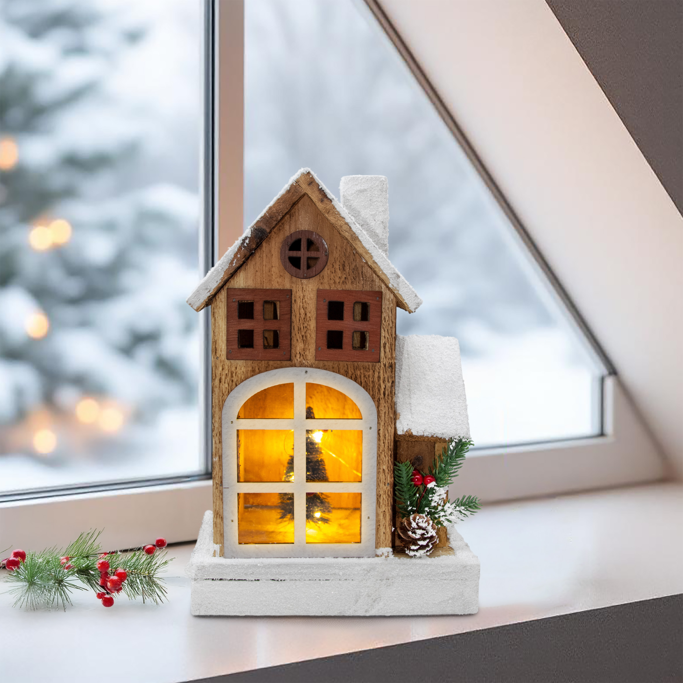 LED Holz Weihnachts Haus mit Schneedach - 29 cm - Lichterhaus Batterie betrieben