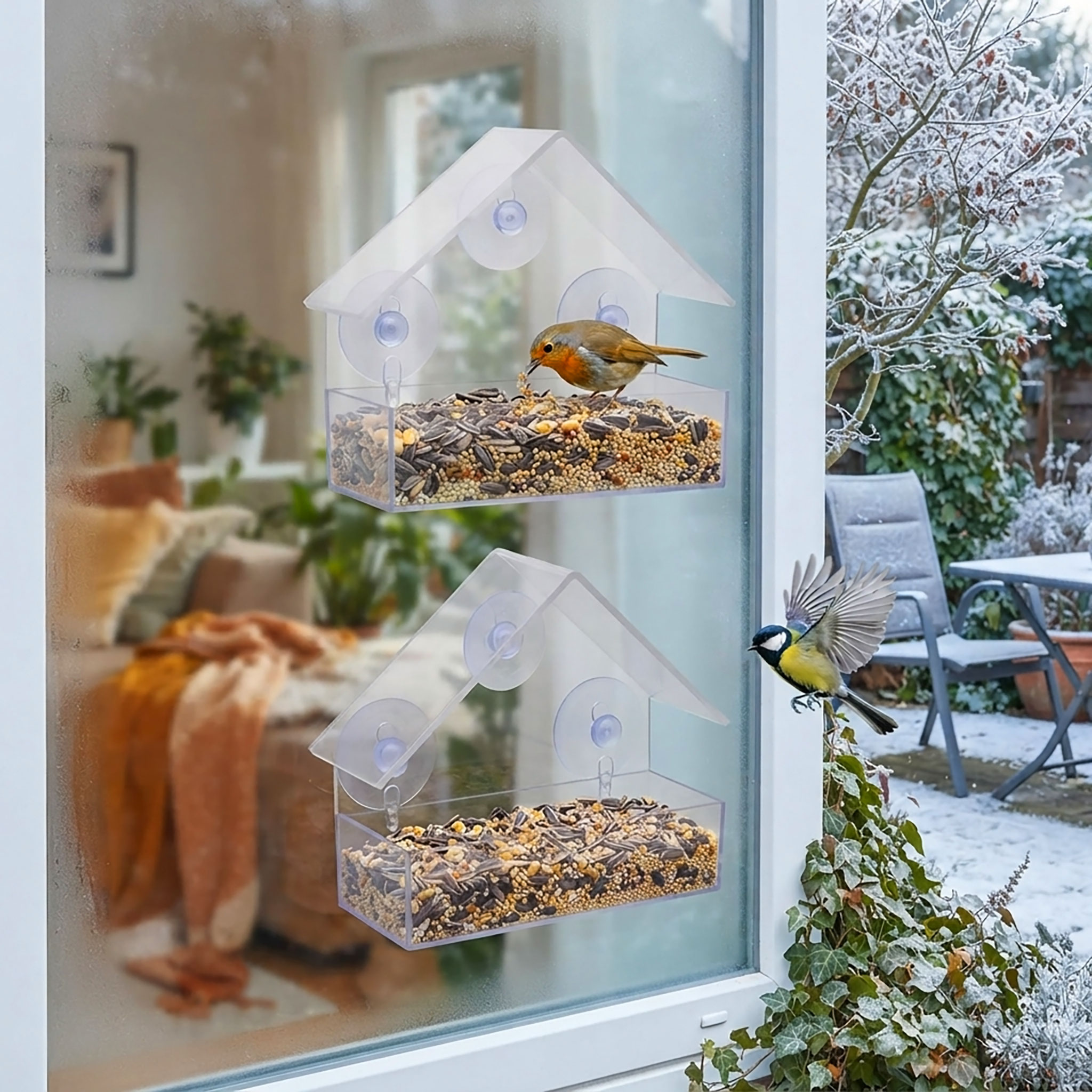 Fenster Futterhäuschen für Vögel 15 x 15 cm - 2er Set - Transparentes Vogelhäuschen mit Saugnäpfen