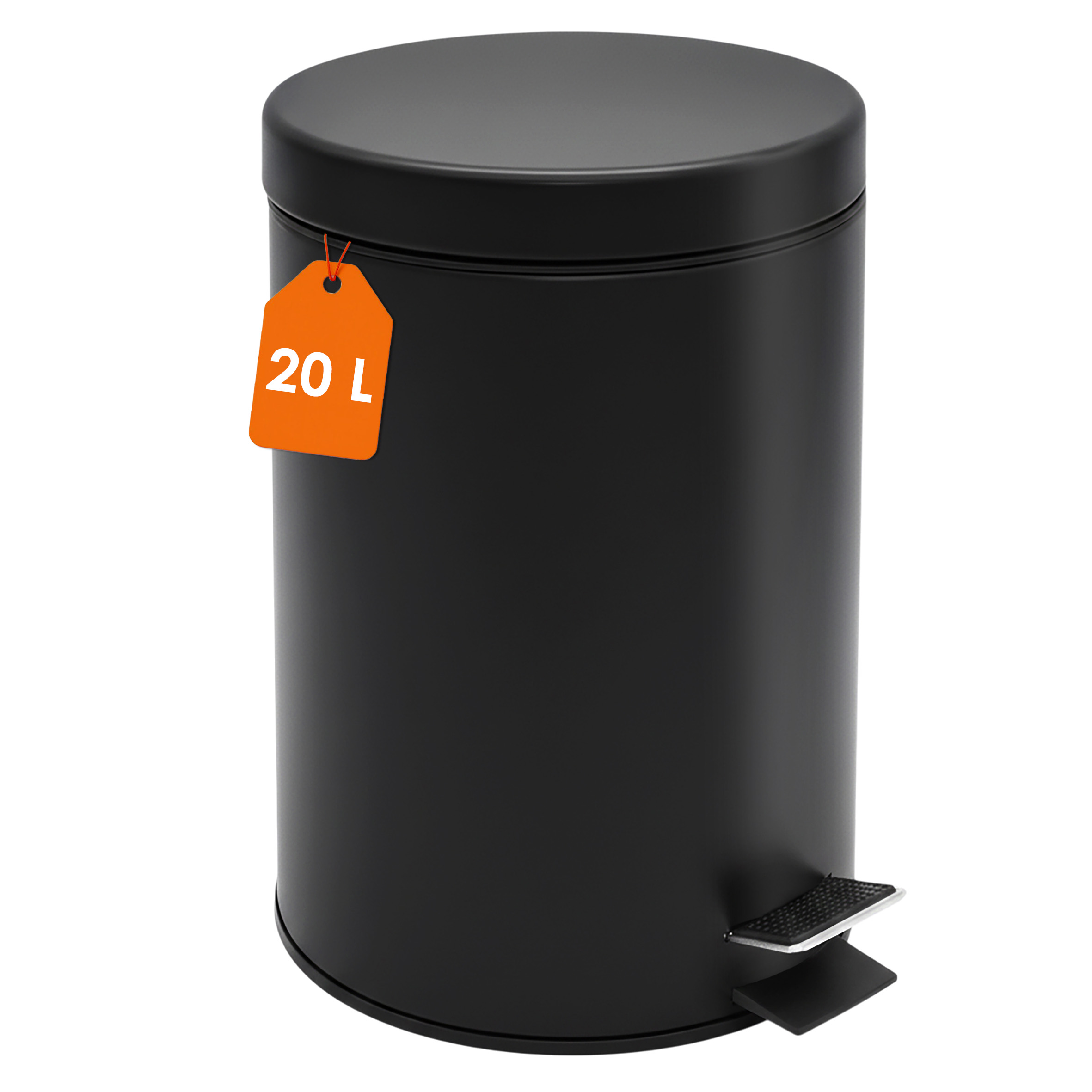 Edelstahl Tretmülleimer rund schwarz matt 45 x 29 cm mit Deckel - 20 L - Metall Mülleimer mit Fußpedal und entnehmbarem Inneneimer