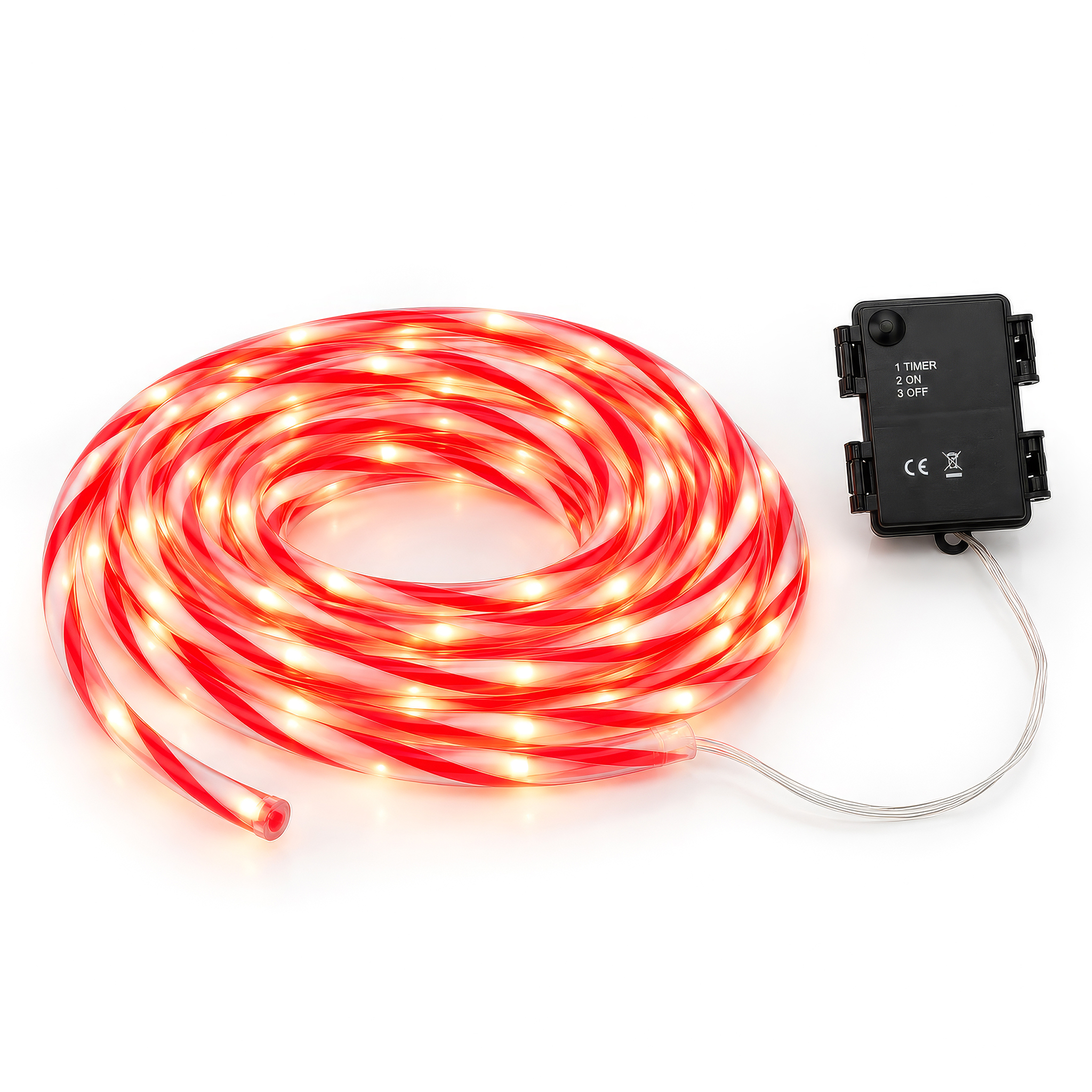 Zuckerstange Lichtschlauch warm weiß für Außen mit Timer - 100 LED - Outdoor Weihnachts Lichterkette rot-weiß gestreift