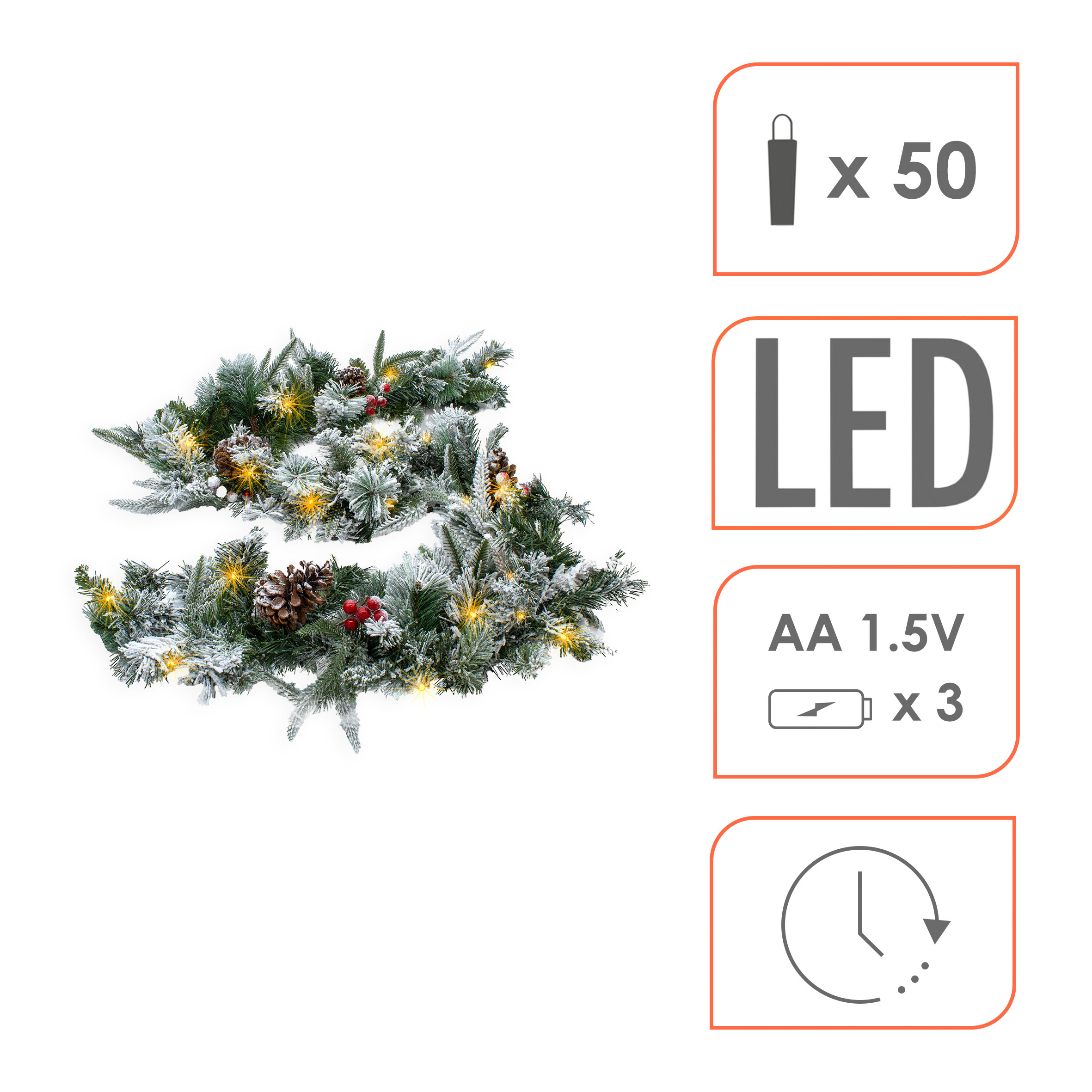LED Tannengirlande mit Schnee und Beeren warm weiß beleuchtet - 274 cm mit 50 LED - Weihnachtsgirlande Batterie betrieben mit Timer