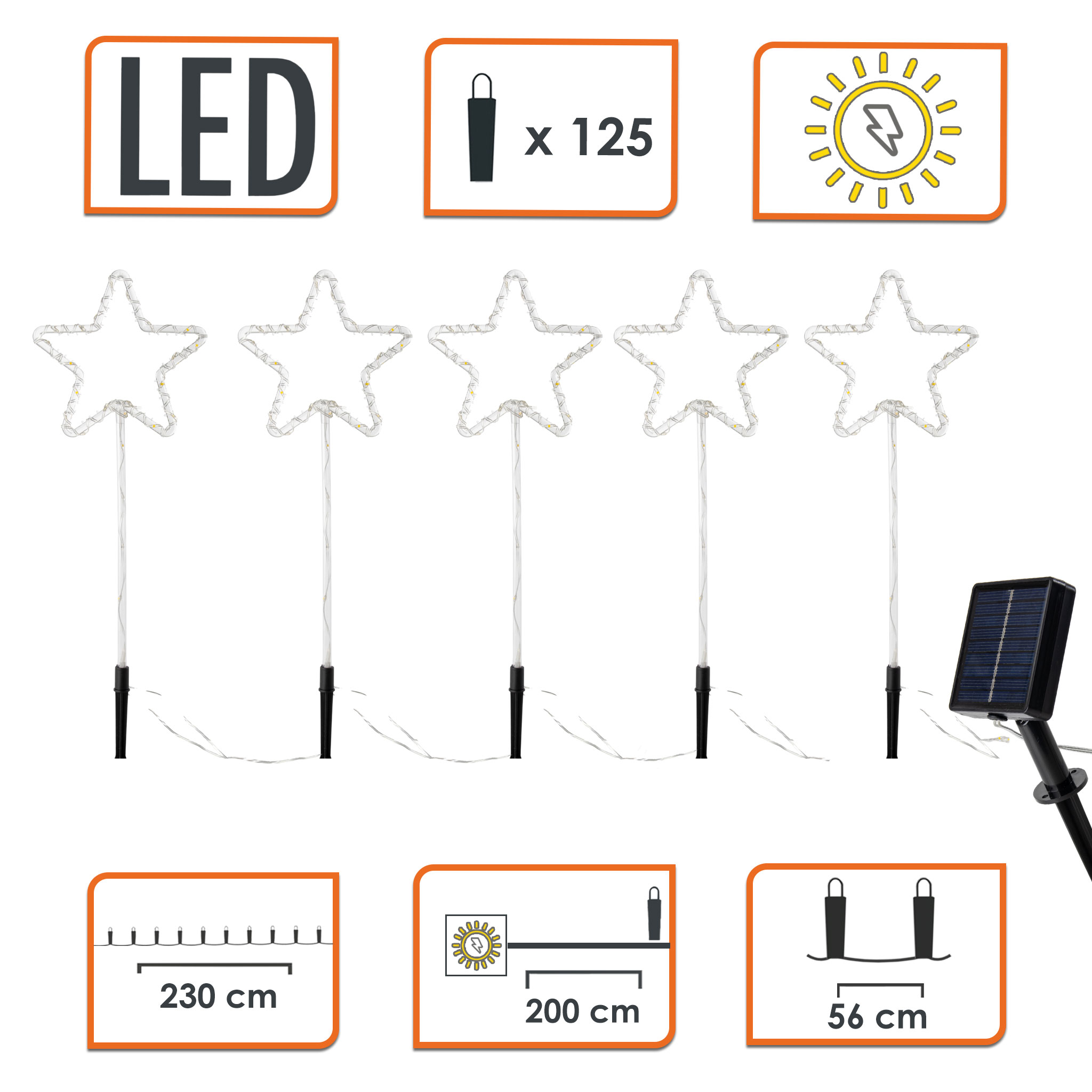 LED Solar Gartenstecker Stern mit 125 LEDs und 8 Funktionen - 5er Set - Weihnachts Deko Beleuchtung warm weiß für Außen