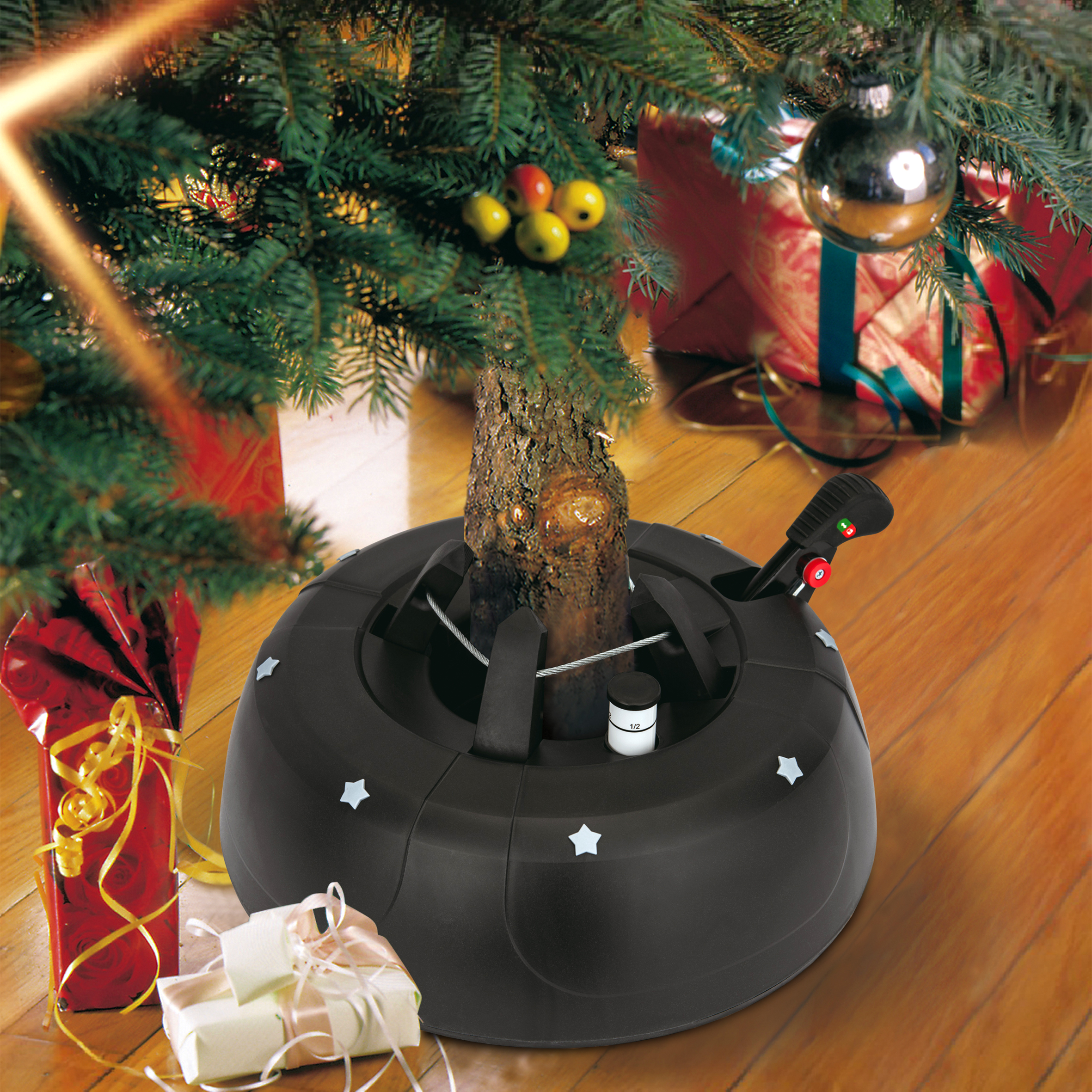 Christbaum Ständer schwarz mit Einseiltechnik und Fußhebel - 32 cm - Weihnachtsbaumständer mit Wassertank für Bäume bis 2 m
