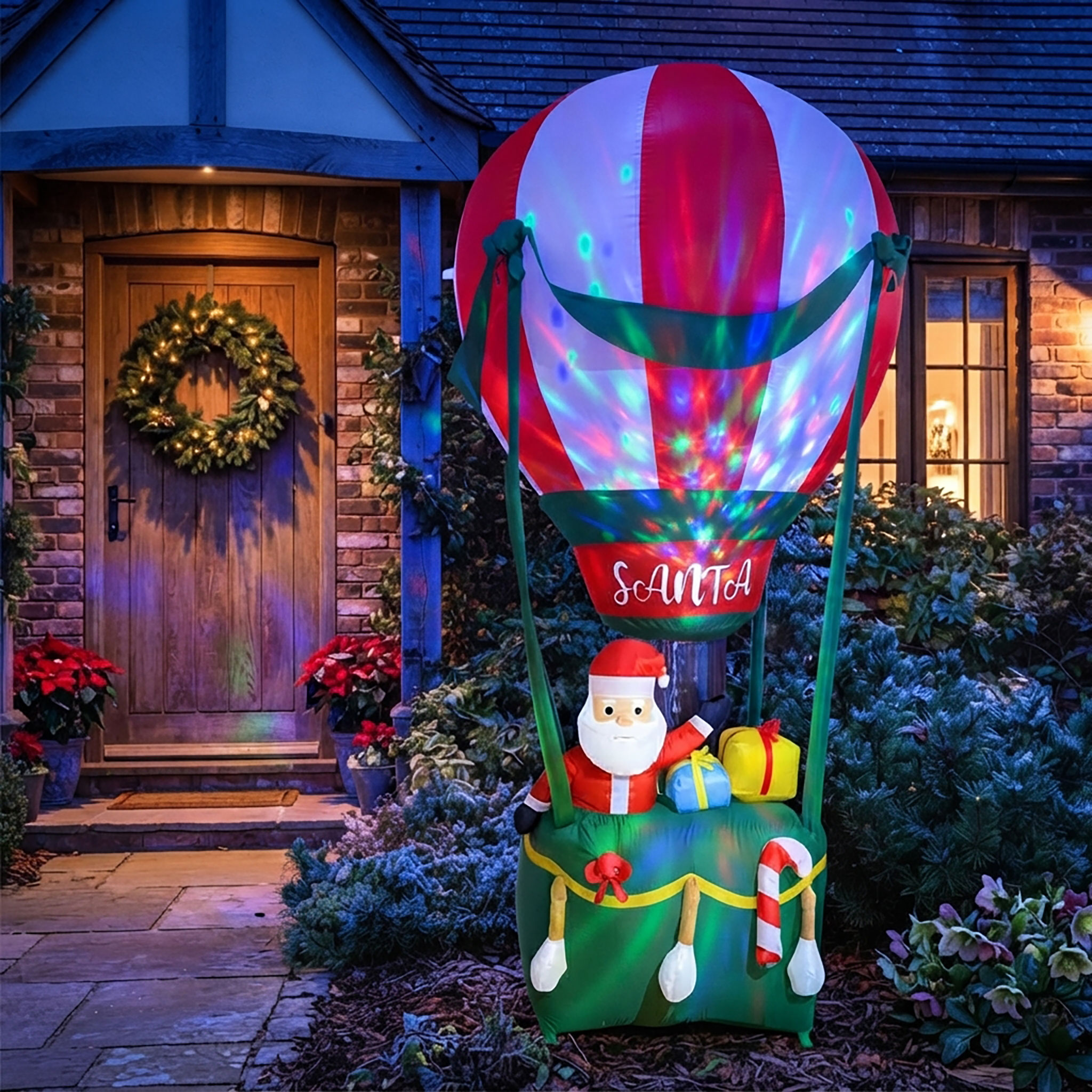 Aufblasbarer XL Weihnachts Heißluftballon mit LED Beleuchtung - 210 x 110 cm - Riesen Nikolaus Gartendeko selbstaufblasend bunt beleuchtet