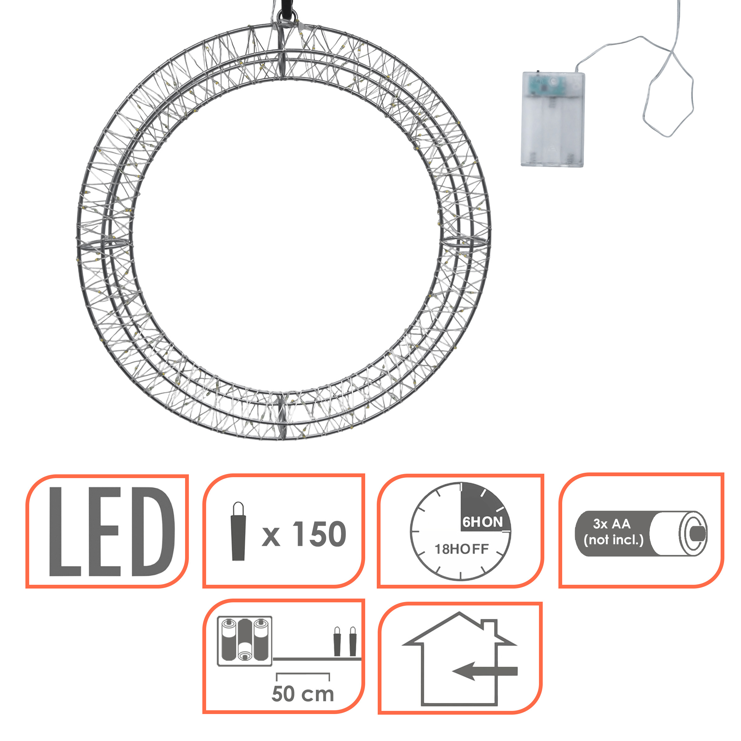 Metall Lichtkranz silber 30 cm warm weiß mit Timer - 150 LED - Weihnachtsdeko Hängekranz für Innen batteriebetrieben