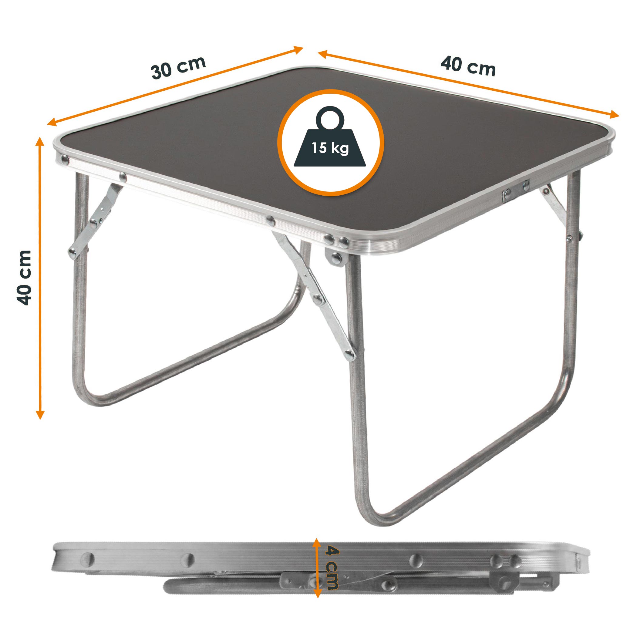 Mini Alu Campingtisch schwarz klappbar - 40 x 40 cm - Outdoor Klapptisch klein Belastbarkeit bis 15 kg