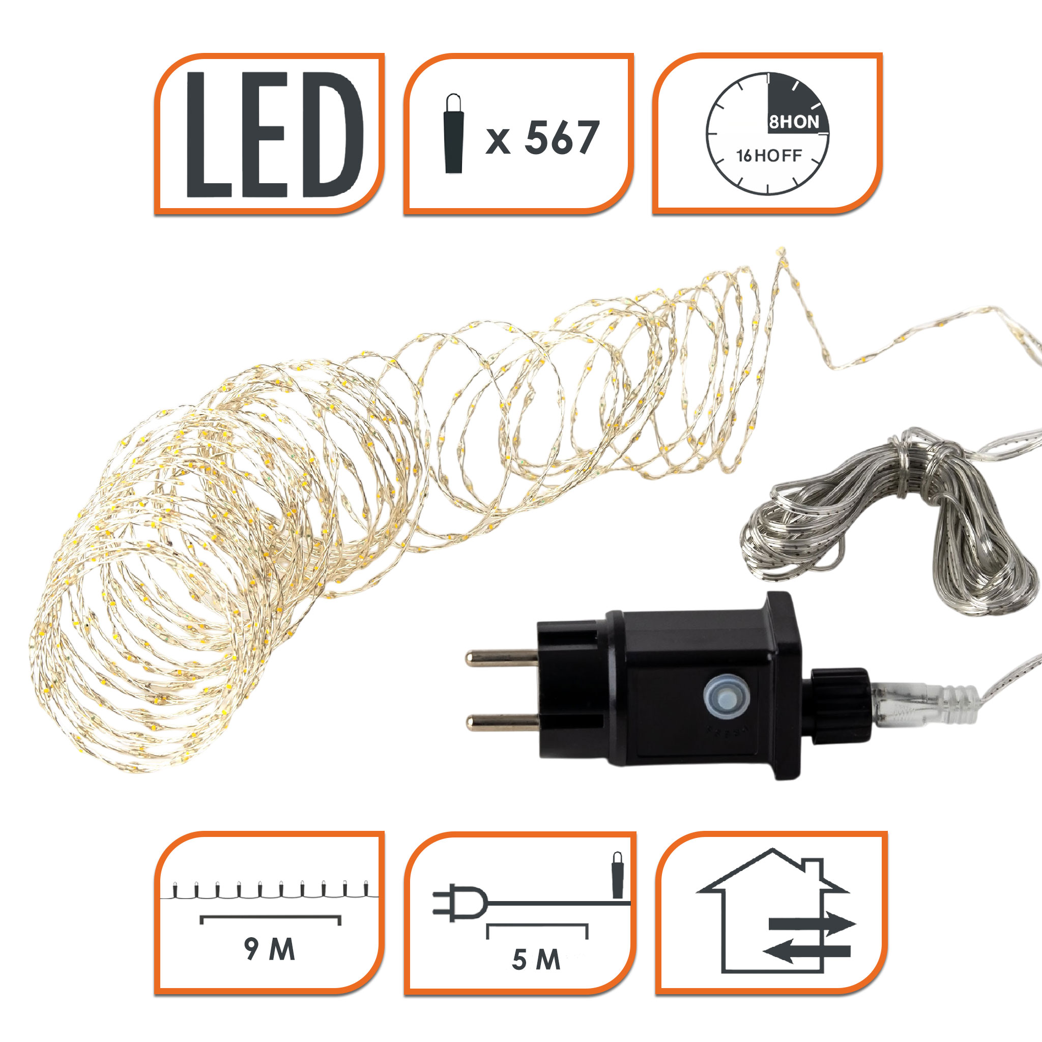 Draht Lichterkette warm weiß extra dicht mit Timer und Funktionen - 567 LED - Leuchtdraht silber 9 m für Außen und Innen mit Netzstecker