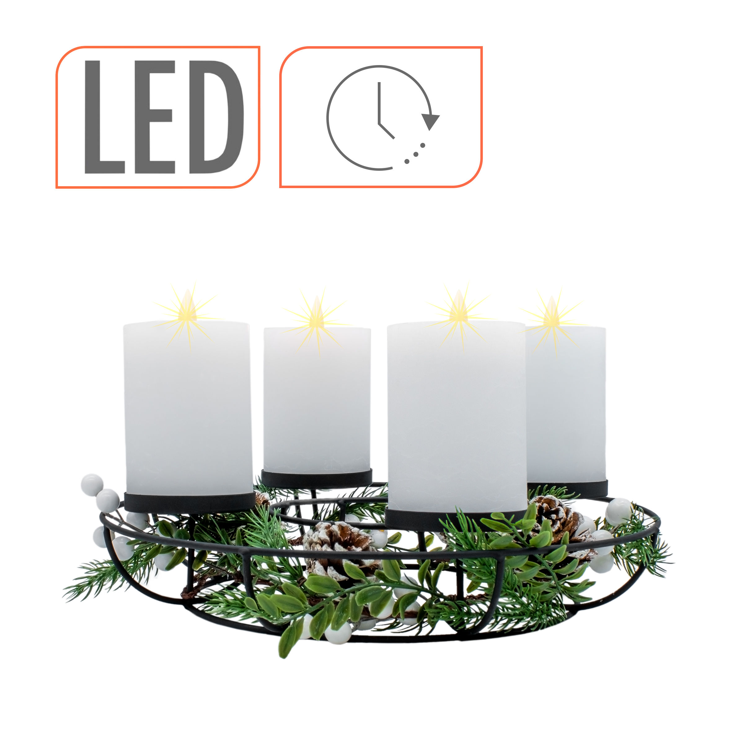 Metall Adventskranz mit 4 LED Kerzen in warm weiß - 33 cm - Weihnachts Tischkranz mit Dekoration