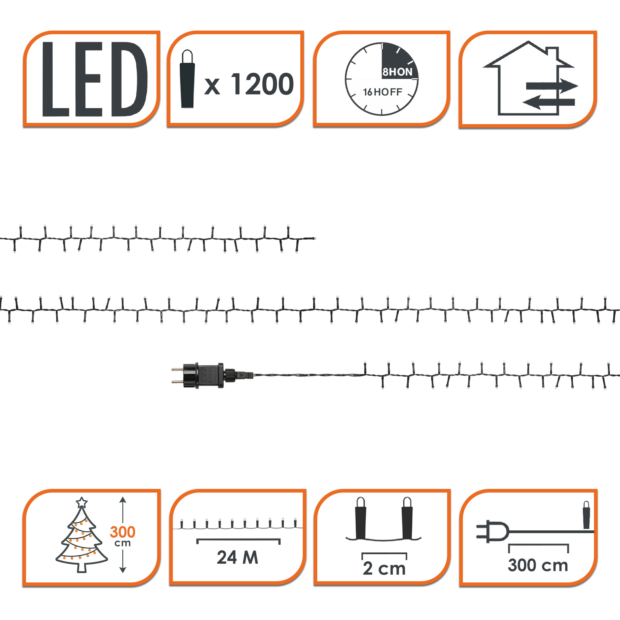 LED Lichterkette mit 1200 LEDs ca.: 24 m mit Controller und Speicherchip - Farbe: extra warmweiß