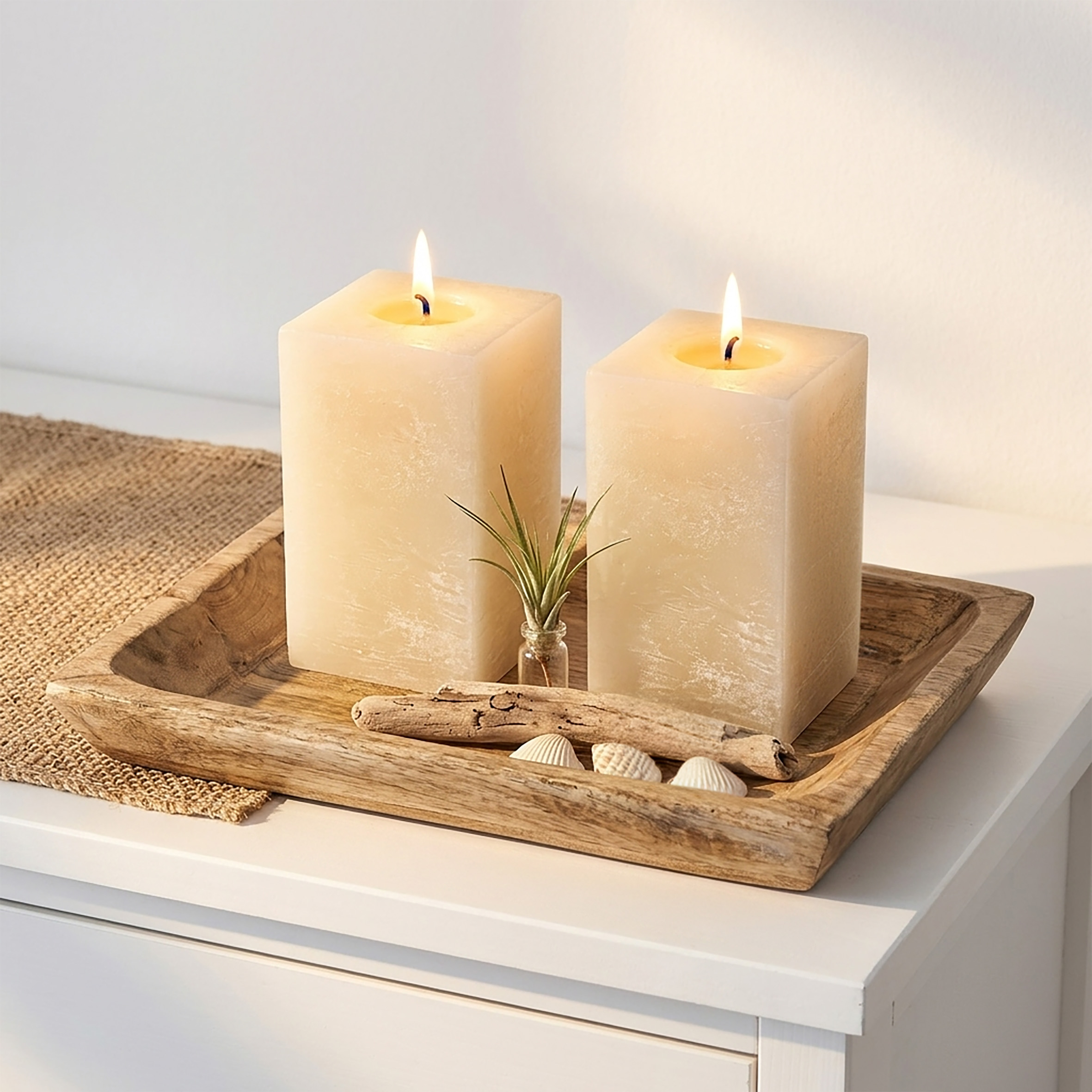 Echtwachs Stumpenkerze rustikal 2er Set 13 x 7 cm - creme - Advents Kerze unparfümiert 65 Stunden Brenndauer
