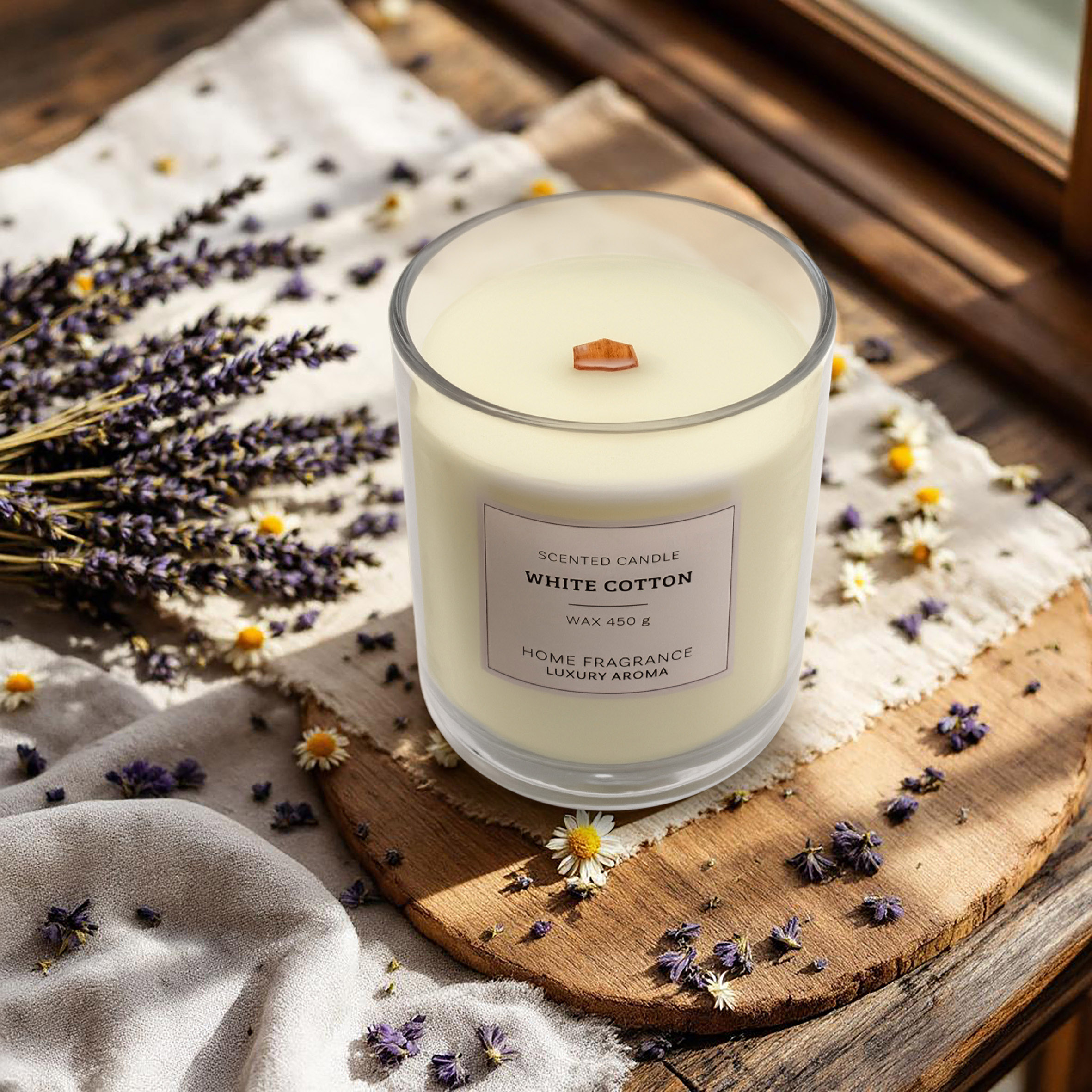 XL Duftkerze im Glas 13 cm mit Knisterdocht - White Cotton Duft - Große Aromakerze 450g Wachs 18 Stunden Brenndauer