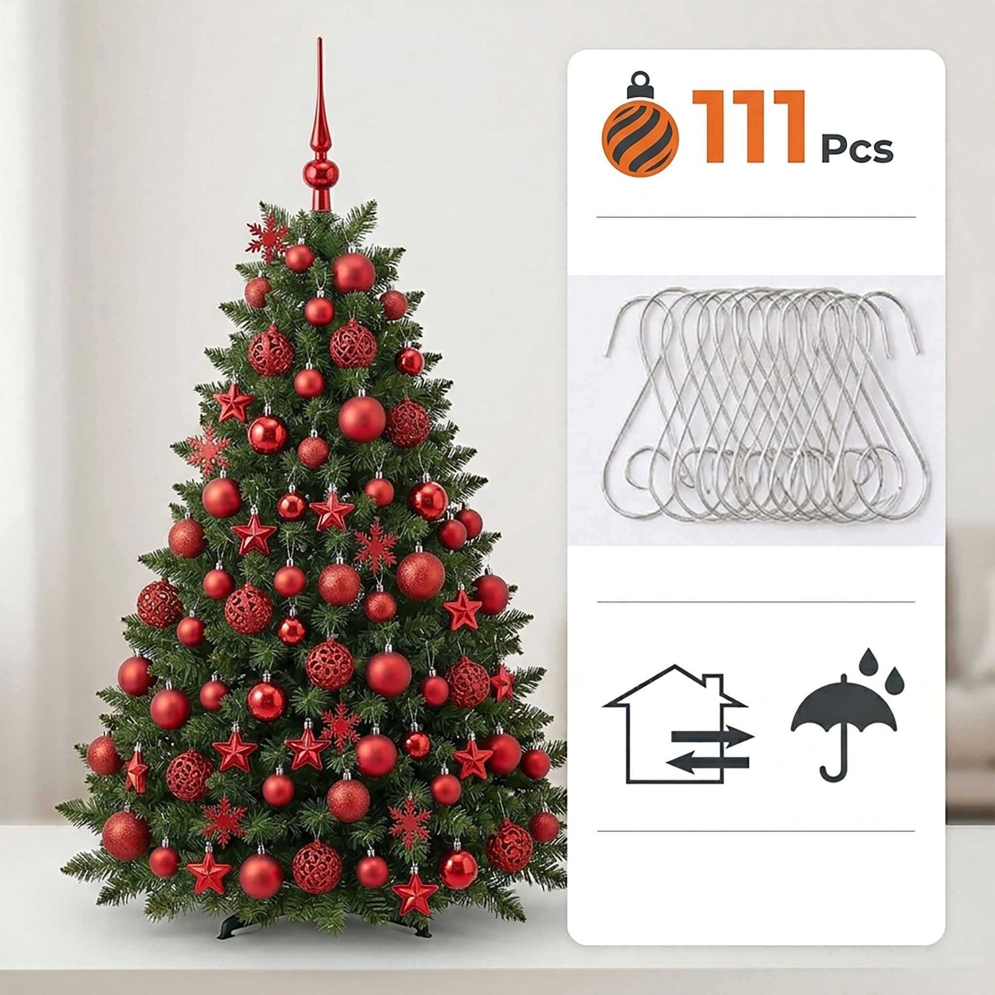 Kunststoff Christbaumkugel Set 111-teilig bruchsicher - rot - Design Weihnachtskugeln inklusive Metall Haken