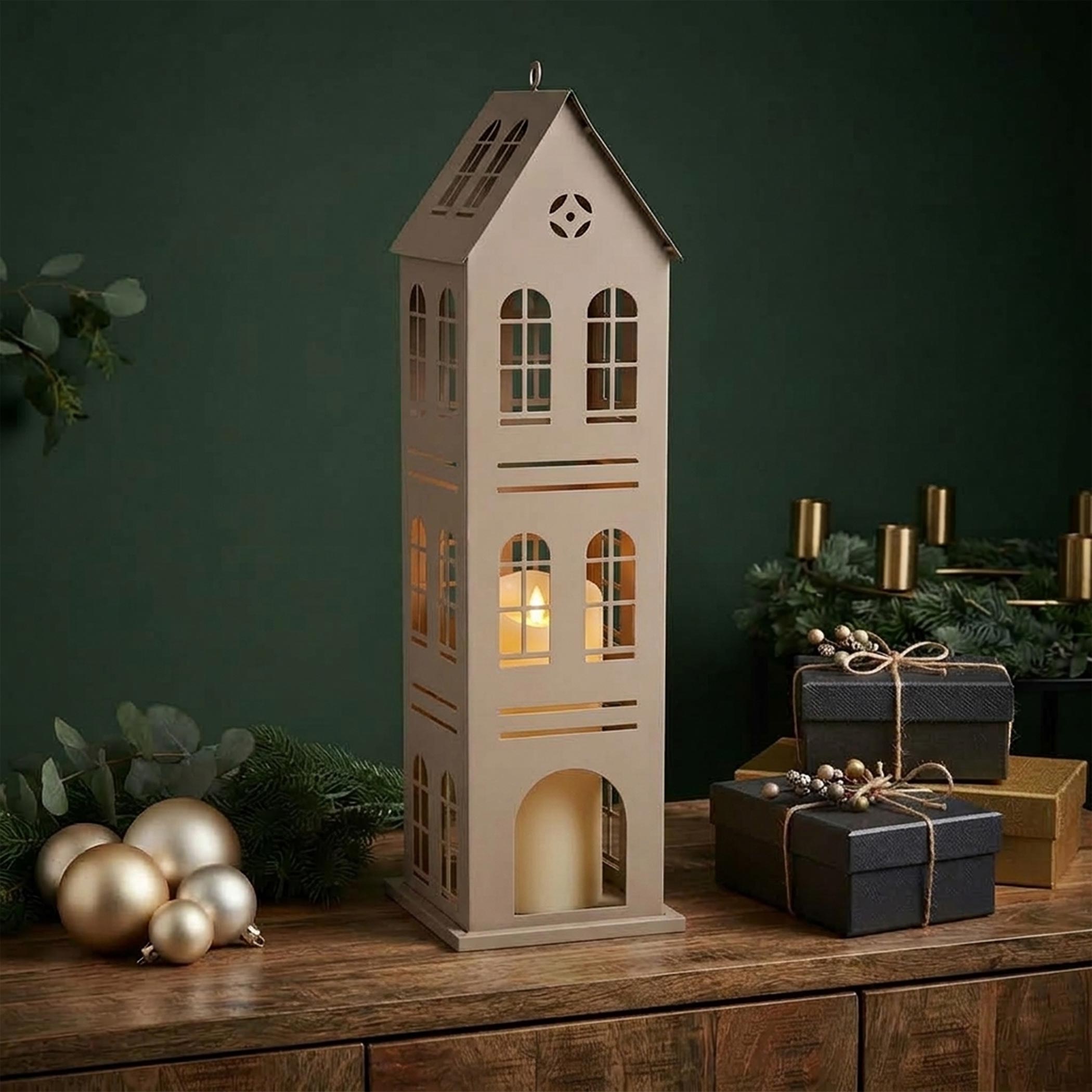 XL Metall Laterne Haus beige - 52 x 14 cm - Deko Windlicht zum Stellen oder Hängen