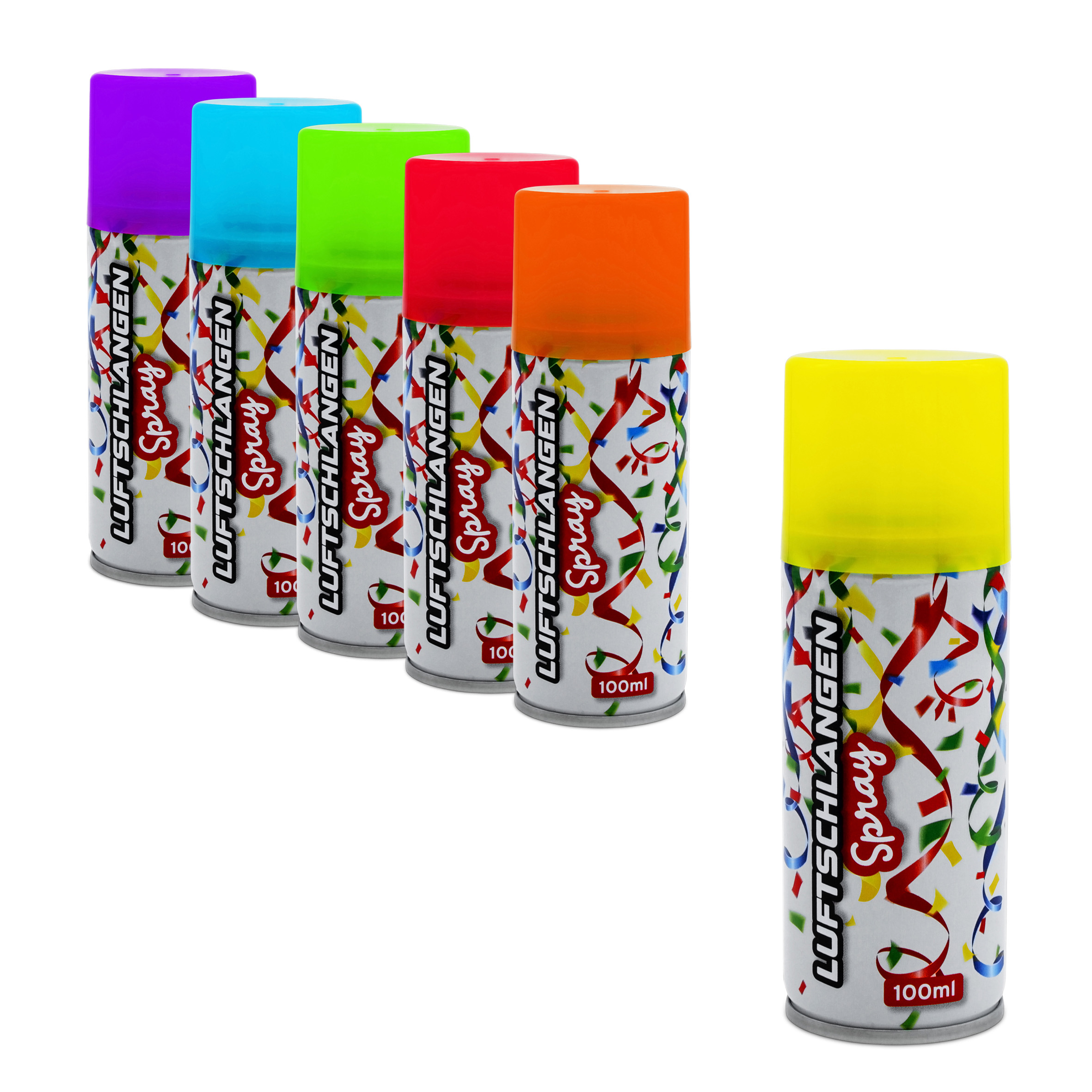 Luftschlangenspray 100 ml fluoreszierend - 6er Pack - Karneval Deko Sprüh Luftschlangen in 6 bunten Farben