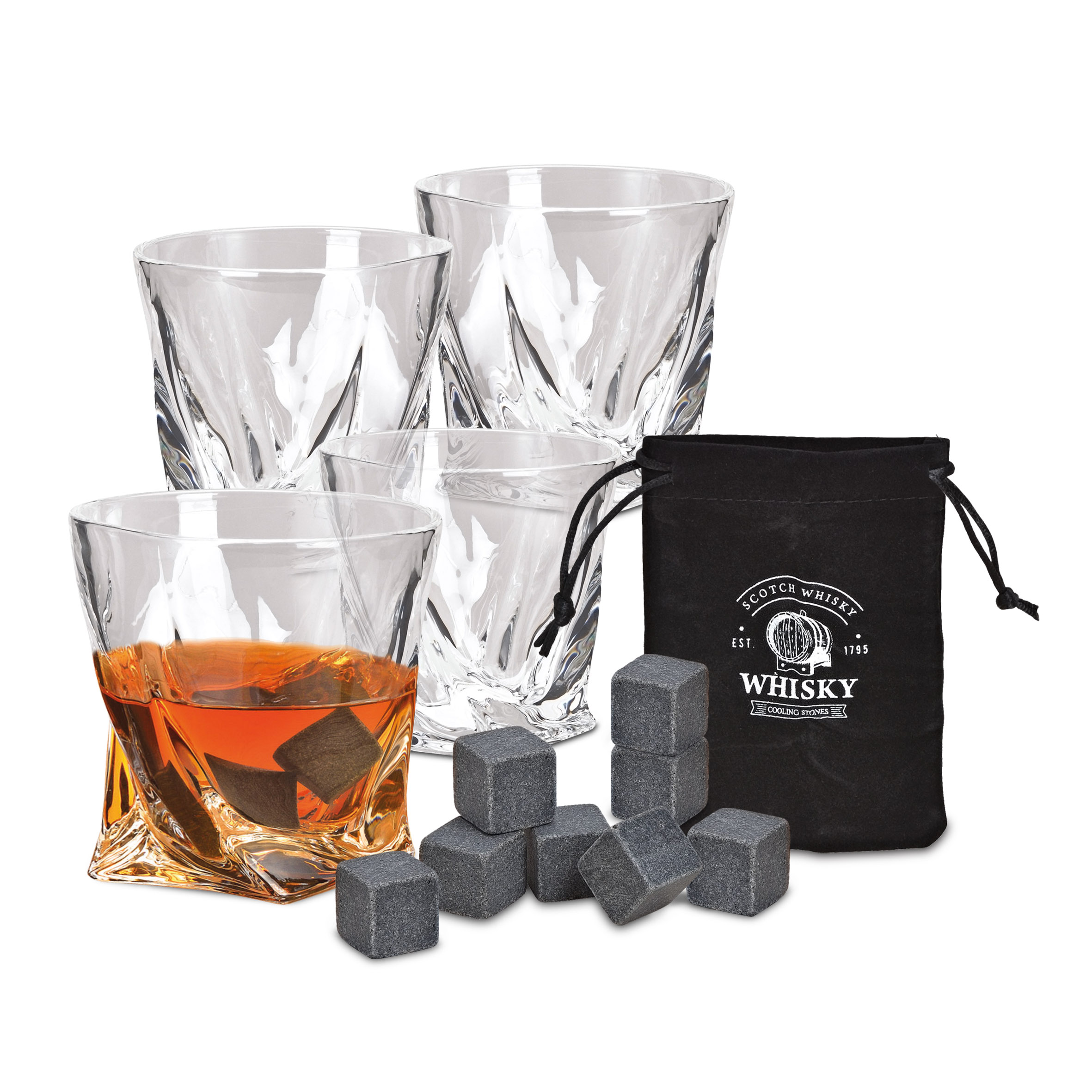 Whisky Glas Geschenk Set aus Kristallglas - 13-teilig - 4er Trinkglas Set mit 8x Basalt Kühlsteinen und Samtbeutel