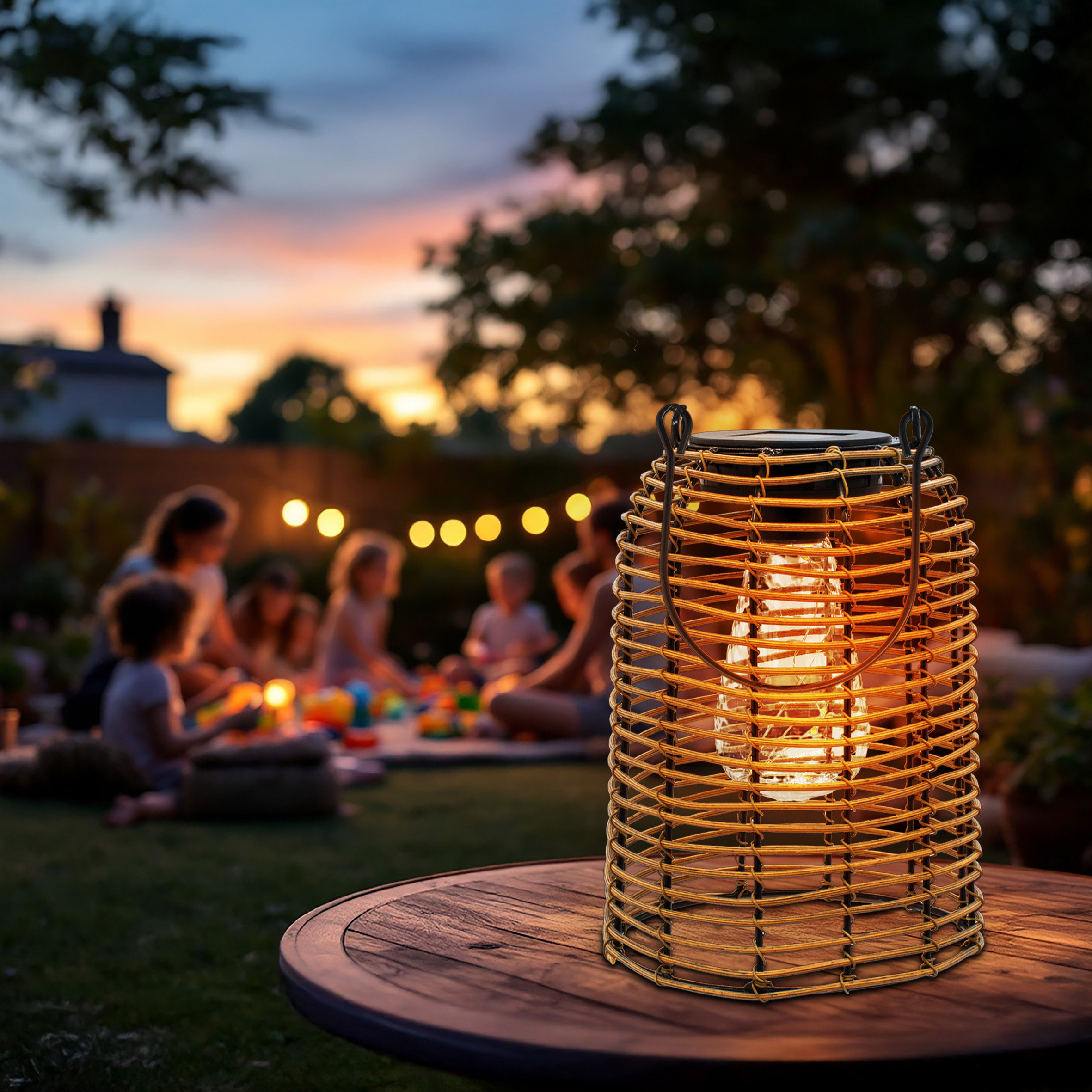 Solar Hängeleuchte in Rattan Optik natur mit LED Glühbirne - 20 x 16 cm - Deko Gartenlaterne zum Hängen warm weiß beleuchtet