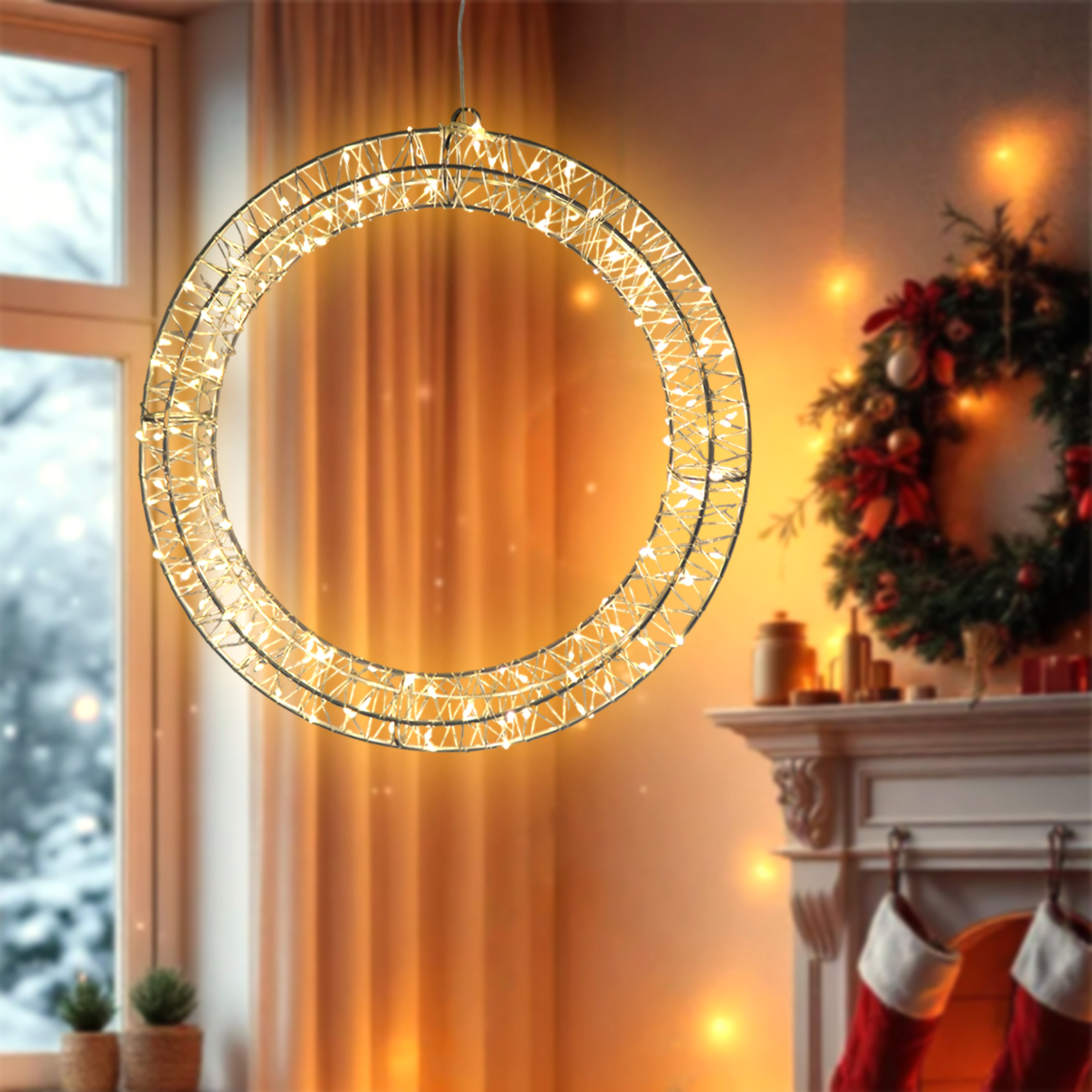 Metall Lichtkranz silber 30 cm warm weiß mit Timer - 150 LED - Weihnachtsdeko Hängekranz für Innen batteriebetrieben