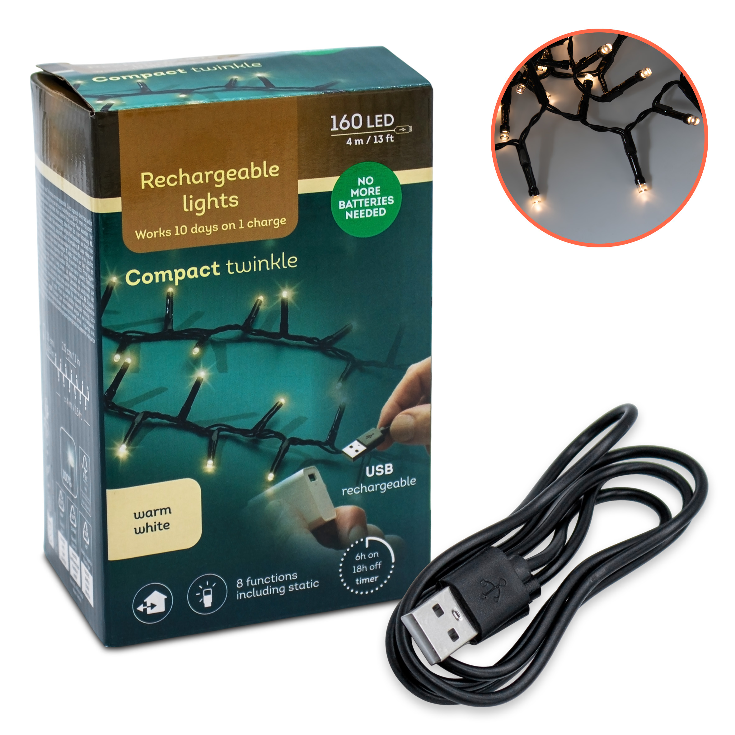 Akku Lichterkette USB aufladbar bis 10 Tage Leuchtdauer mit Timer - 160 LED auf 4m - Außen Dekolicht warm weiß mit 8 Funktionen