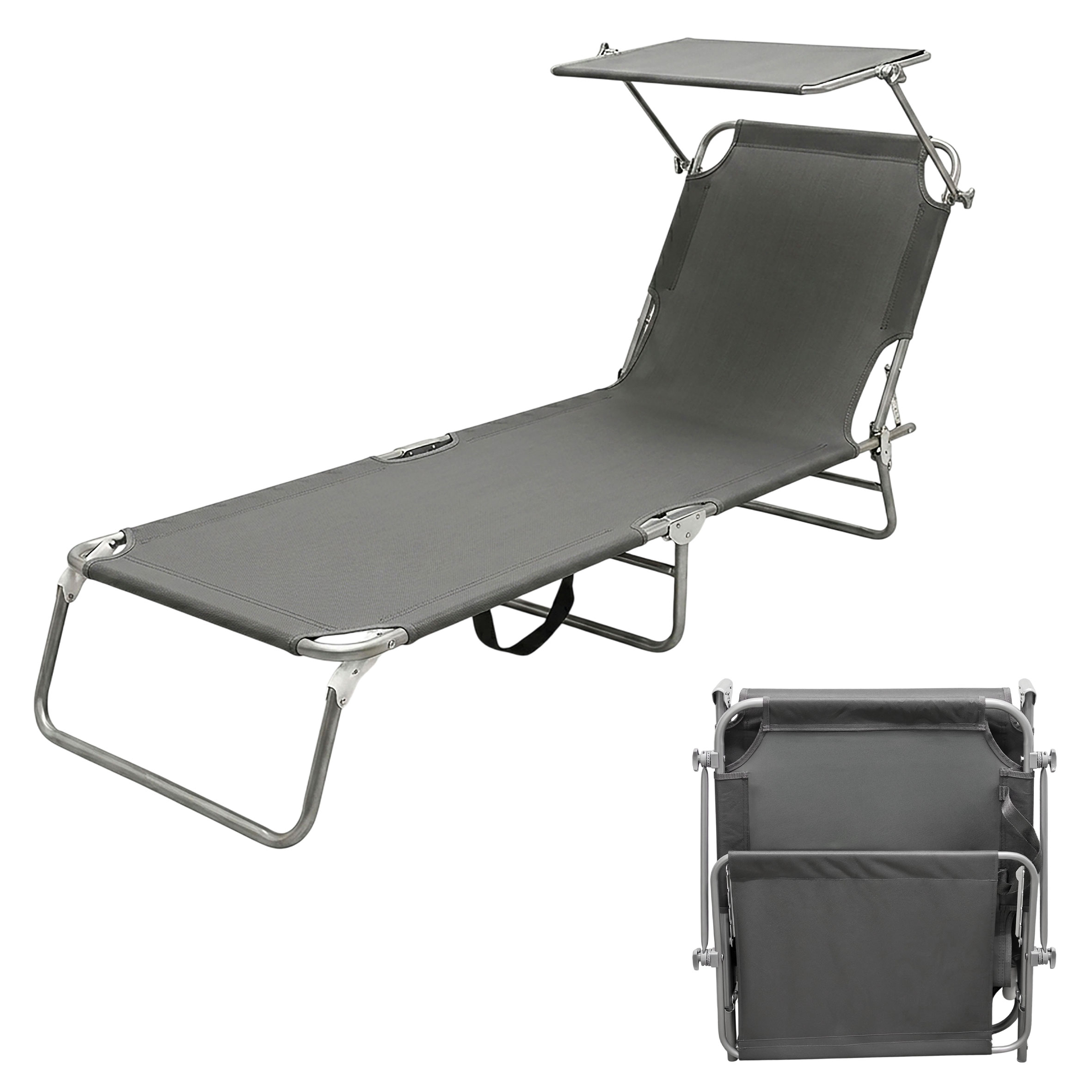 3-Bein Gartenliege klappbar mit Tragegurten - dunkelgrau oder schwarz / mit oder ohne Sonnendach - Relax Sonnenliege mit 4-fach verstellbarem Rückenteil