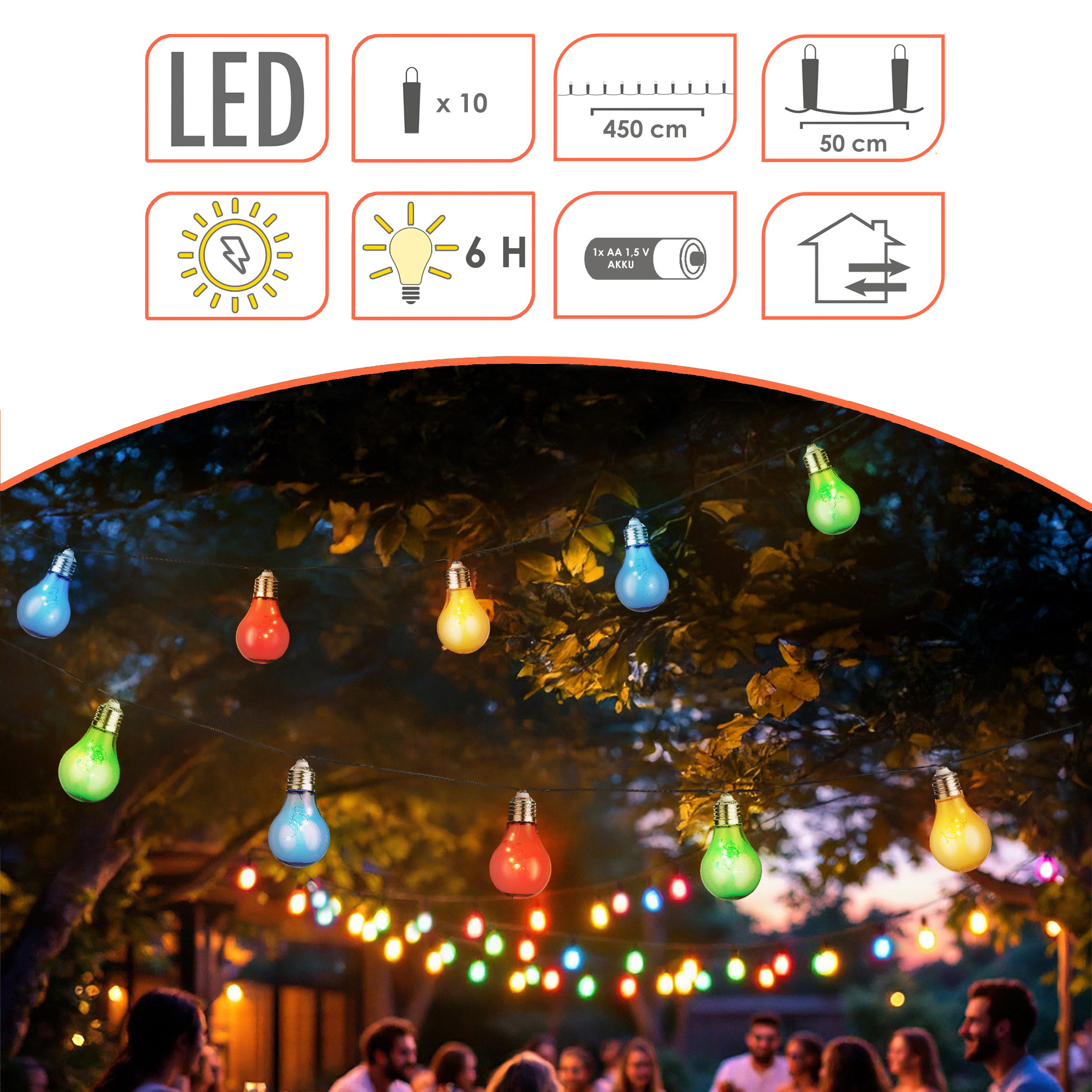 LED Solar Lichterkette mit 10 bunten LED Glühbirnen - 450 cm - Garten Dekobeleuchtung mit farbigen Lampen