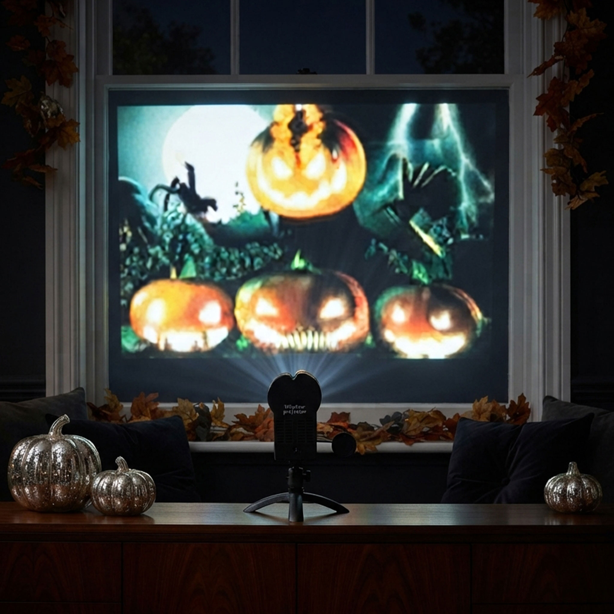 Fensterprojektor für Innen mit 12 Filmen - 6x Halloween & 6x Weihnachten - Deko Projektor im Retro Design inklusive Leinwand und Stativ
