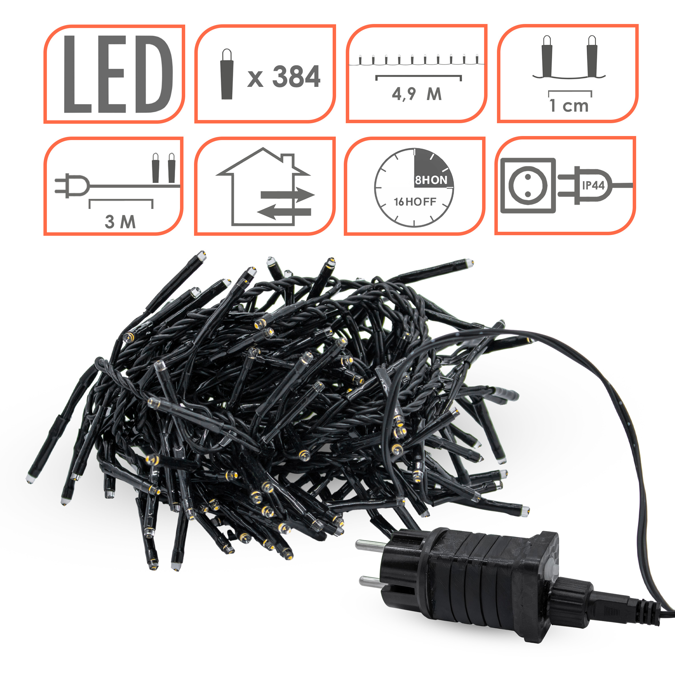 LED Lichterkette bunt für Außen mit Timer und Netzstecker - 384 LED / 4,9 m - Weihnachts Dekobeleuchtung multicolor mit 8 Funktionen