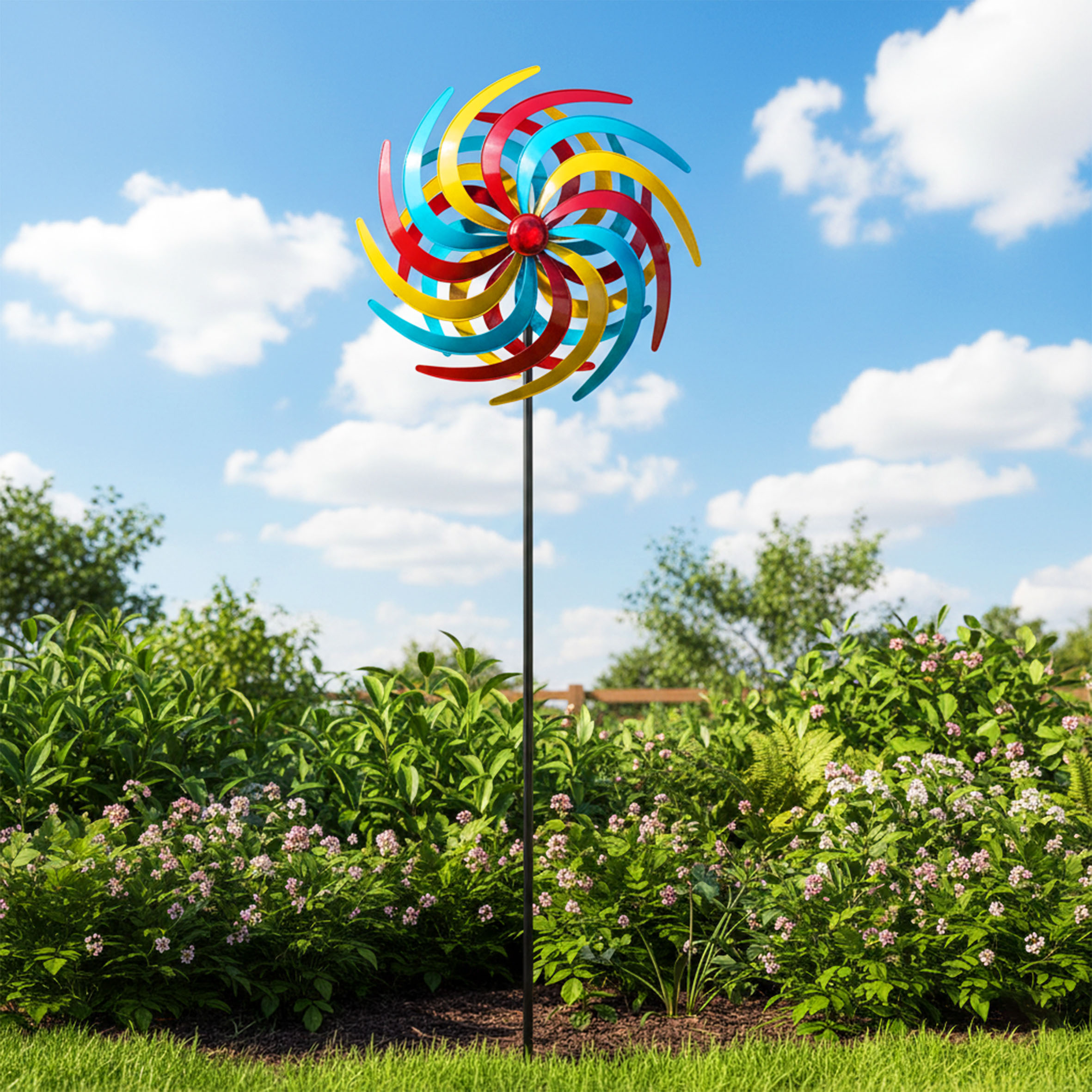 Metall Windrad bunt - 210 x 61 cm - Deko Windspiel Windmühle Gartenstecker groß