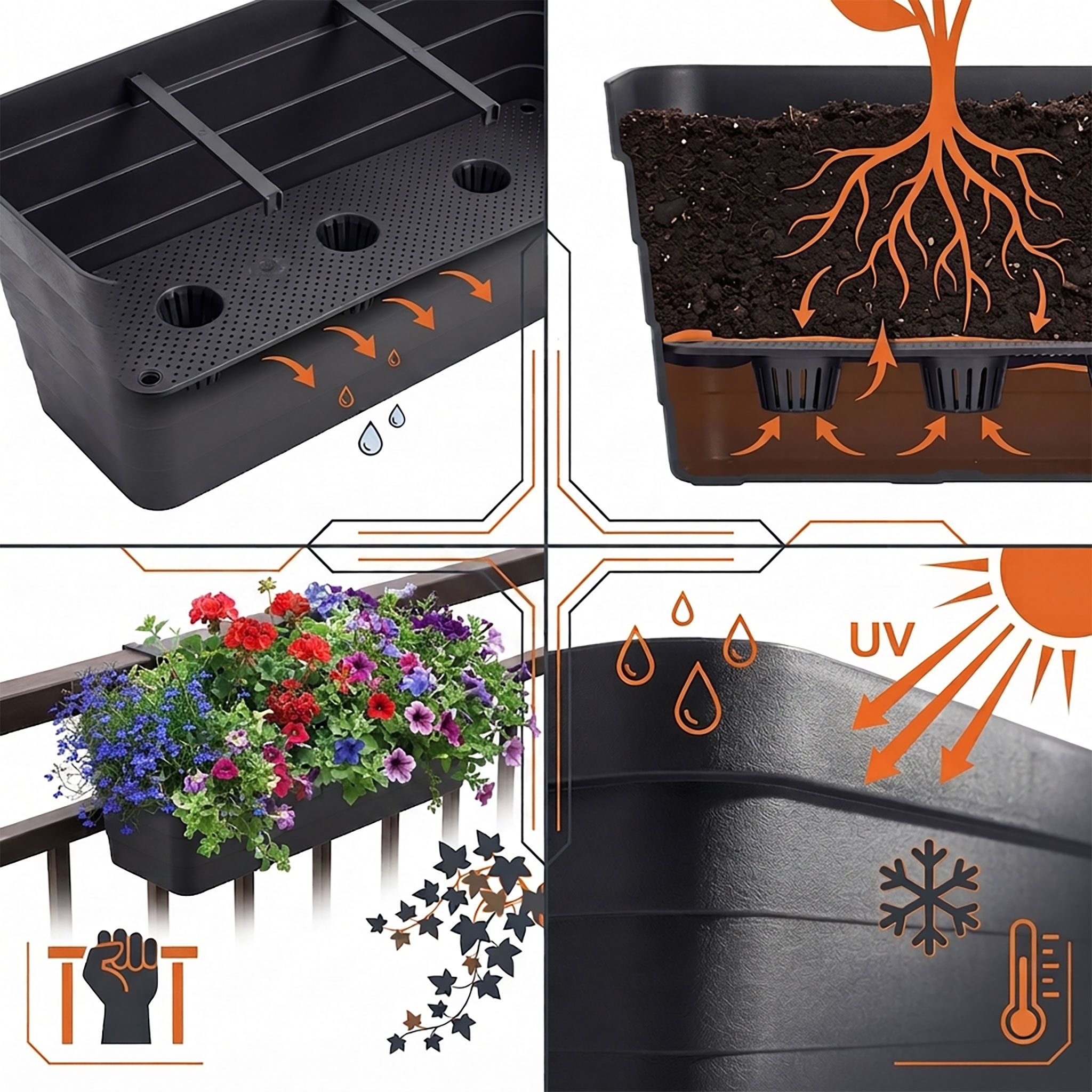 Balkon Blumenkasten Bewässerungssystem - 60 cm - Kunststoff Geländer Pflanztopf in anthrazit
