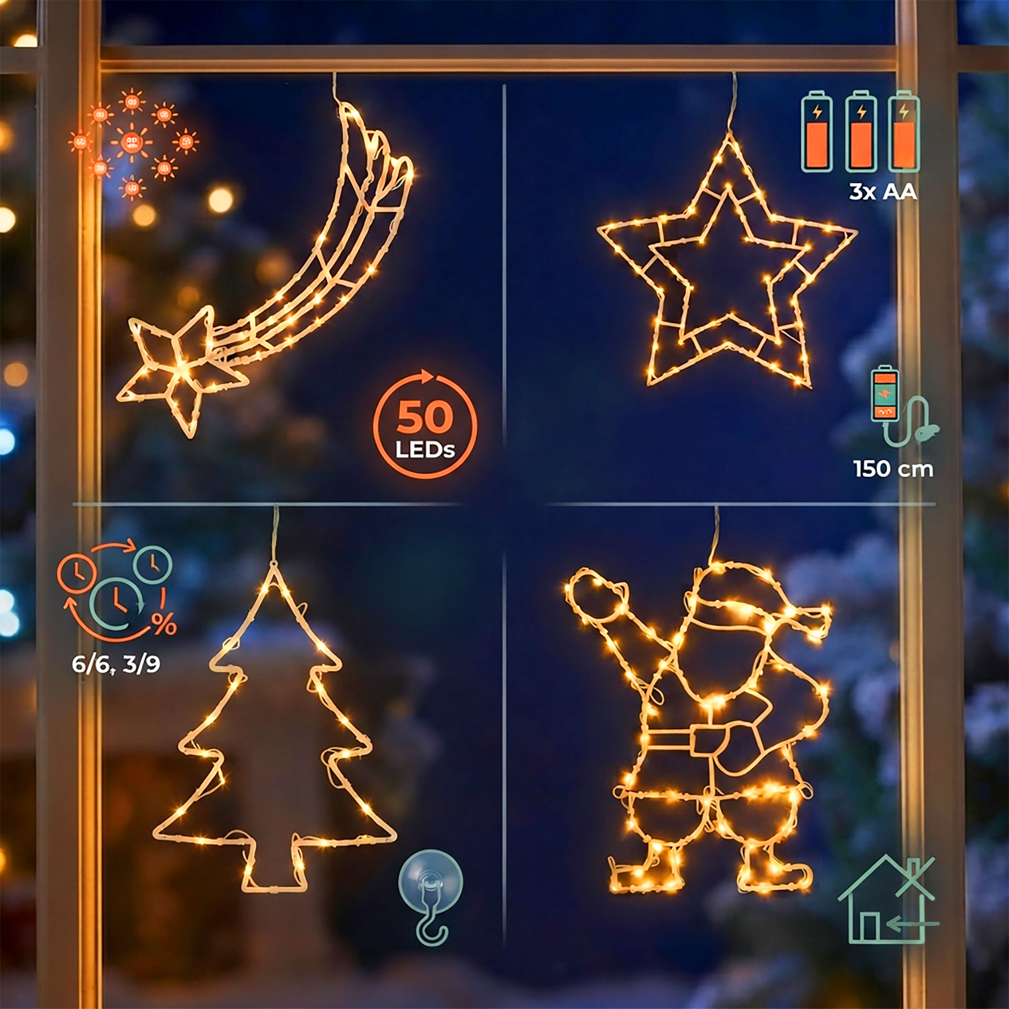 LED Fenster Silhouette mit Dual Timer - 4 Motive in 2 Größen - Deko Weihnachts Beleuchtung Batterie betrieben