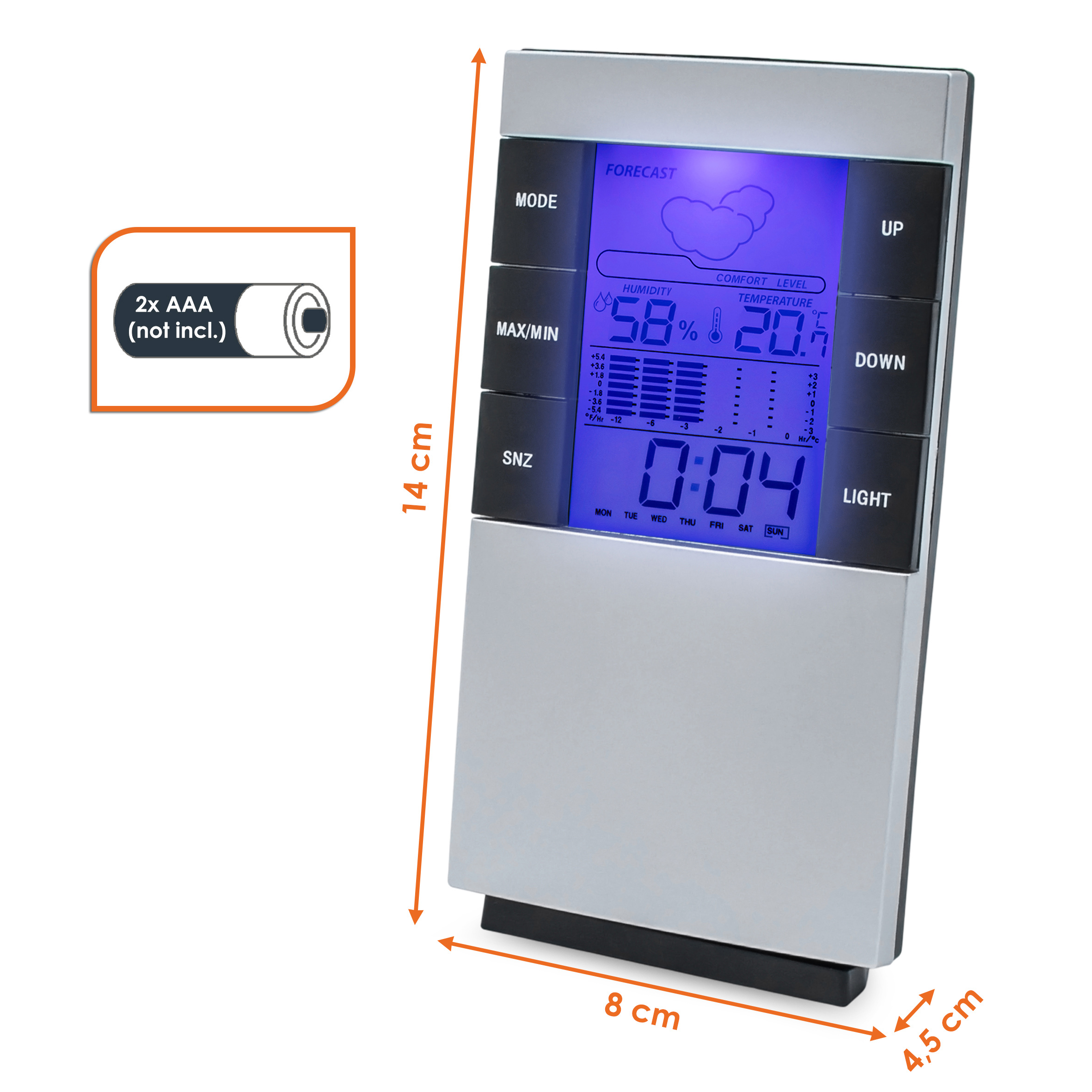 Digitale Wetterstation 5in1 silber für Innenräume zum Hängen oder Aufstellen - 14 x 8 cm - Hygrometer mit Uhr Wecker und Wettervorhersage batteriebetrieben