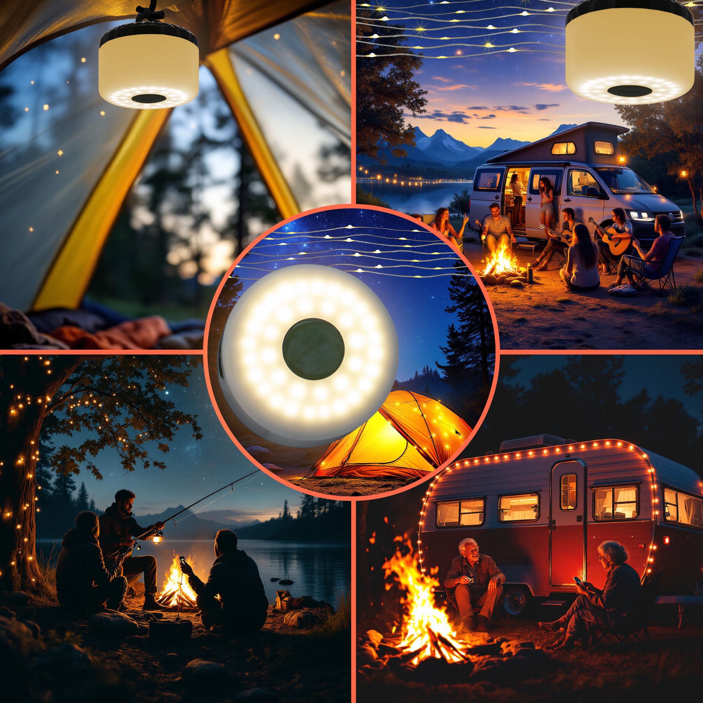 Campinglichterkette 2in1 aufrollbar USB aufladbar - 10 m / 136 LED - Akku Campinglampe warm weiß mit 7 Funktionen