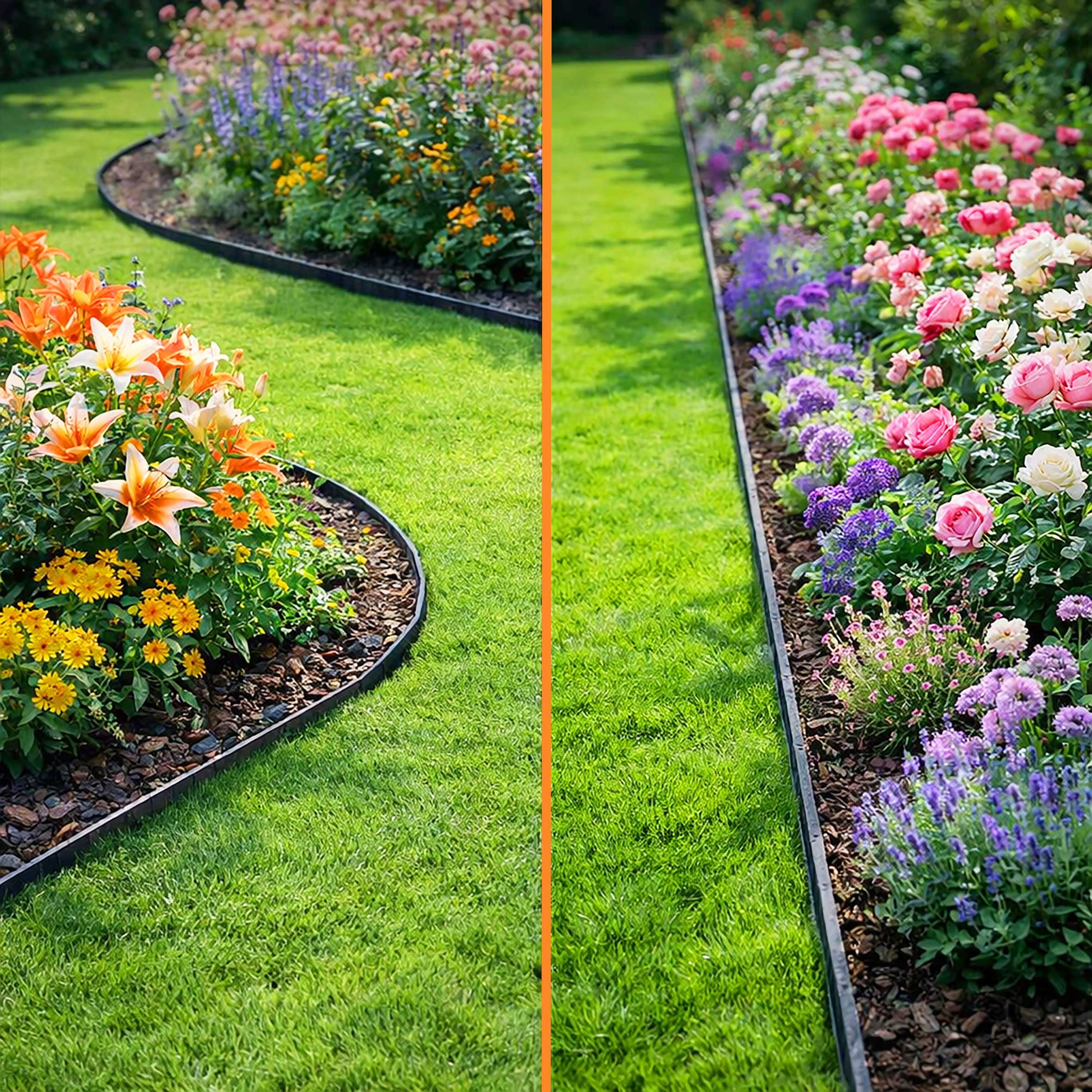 Kunststoff Rasenkante schwarz 10 Meter - 68 Stück - Beeteinfassung flexibel mit Stecksystem