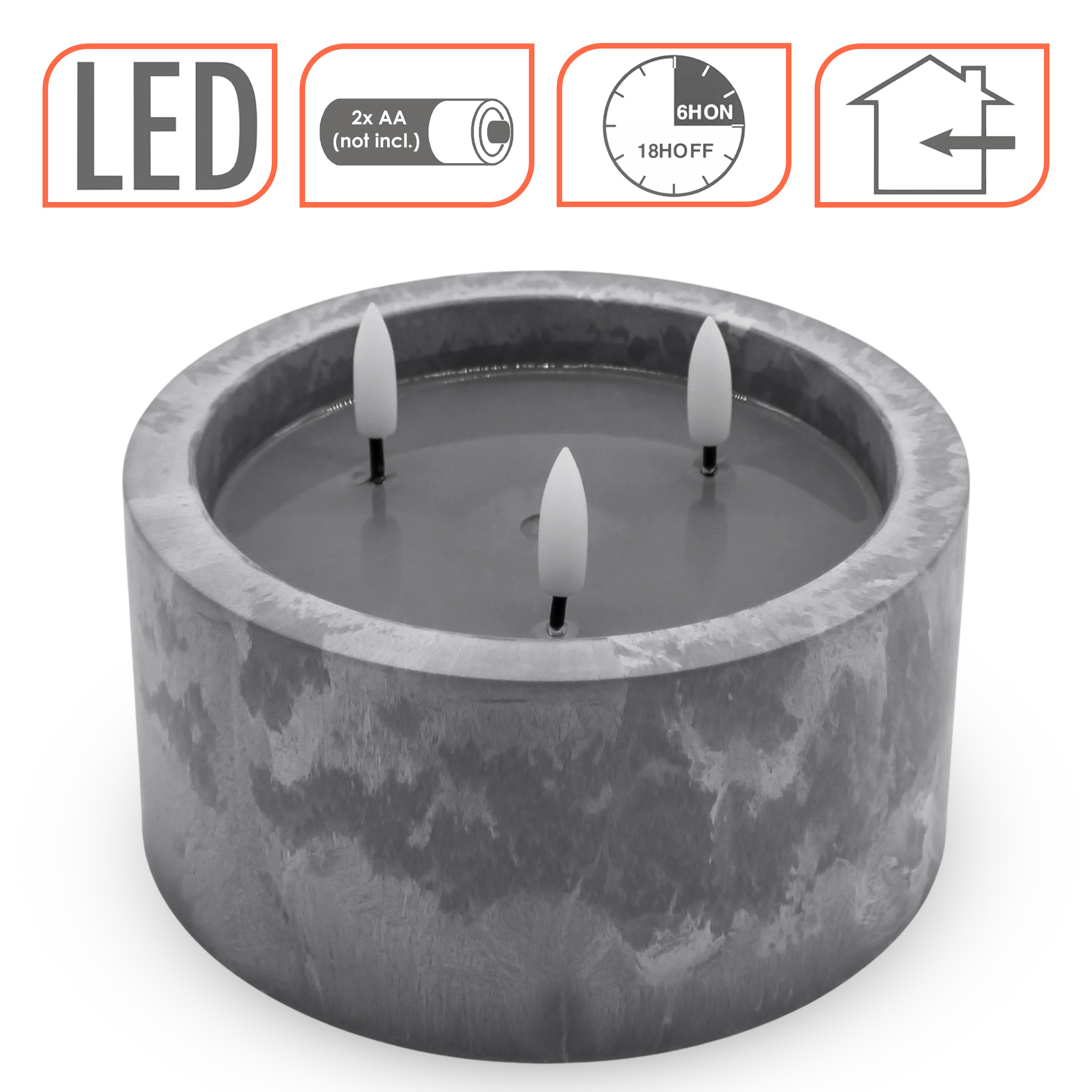 LED 3-Docht Kerze in Beton Optik mit Timer batteriebetrieben - 15 x 8 cm - Künstliche Kerze im Keramik Gefäß mit 3 Flammen in warm weiß