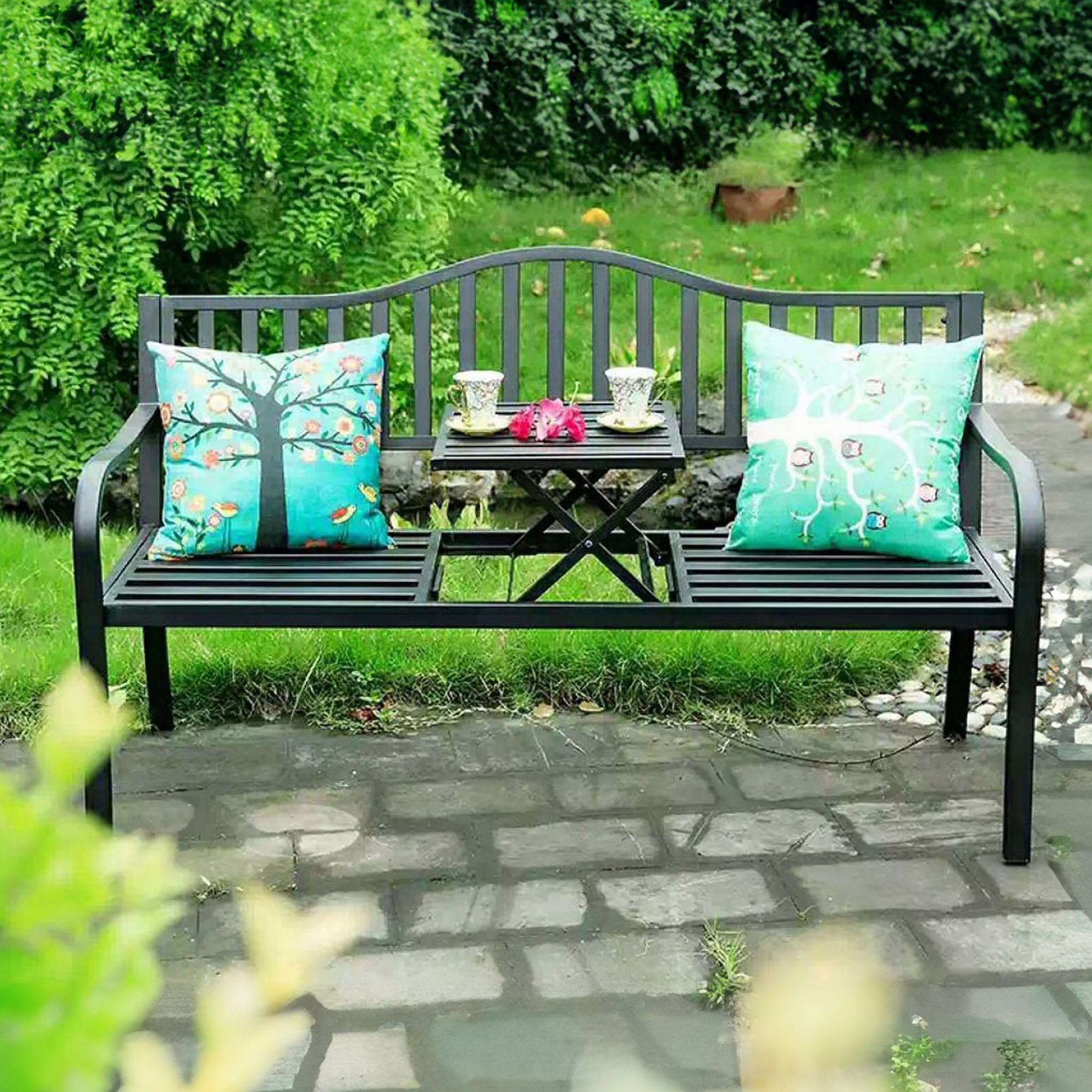 Metall Gartenbank mit integriertem Tisch - 150 cm / 3-Sitzer - Sitzbank 2in1 schwarz pulverbeschichtet