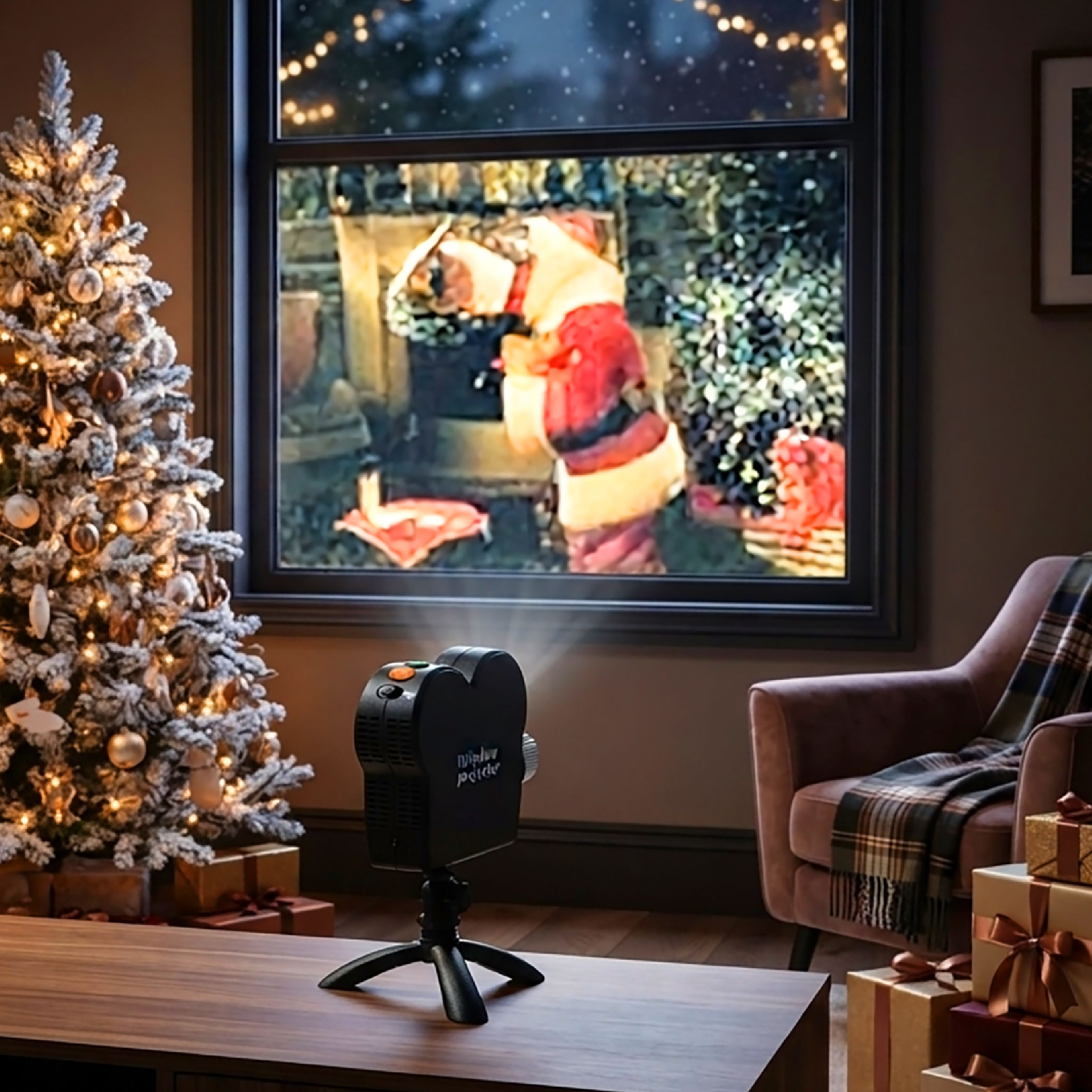 Fensterprojektor für Innen mit 12 Filmen - 6x Halloween & 6x Weihnachten - Deko Projektor im Retro Design inklusive Leinwand und Stativ