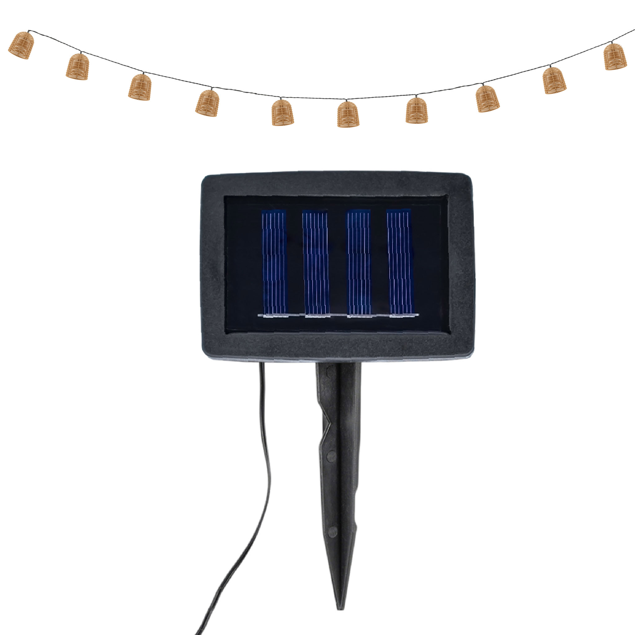 LED Solar Lichterkette 10 Lampions in Rattan Optik mit 7 Funktionen - 380 cm - LED Garten Deko Beleuchtung warm weiß